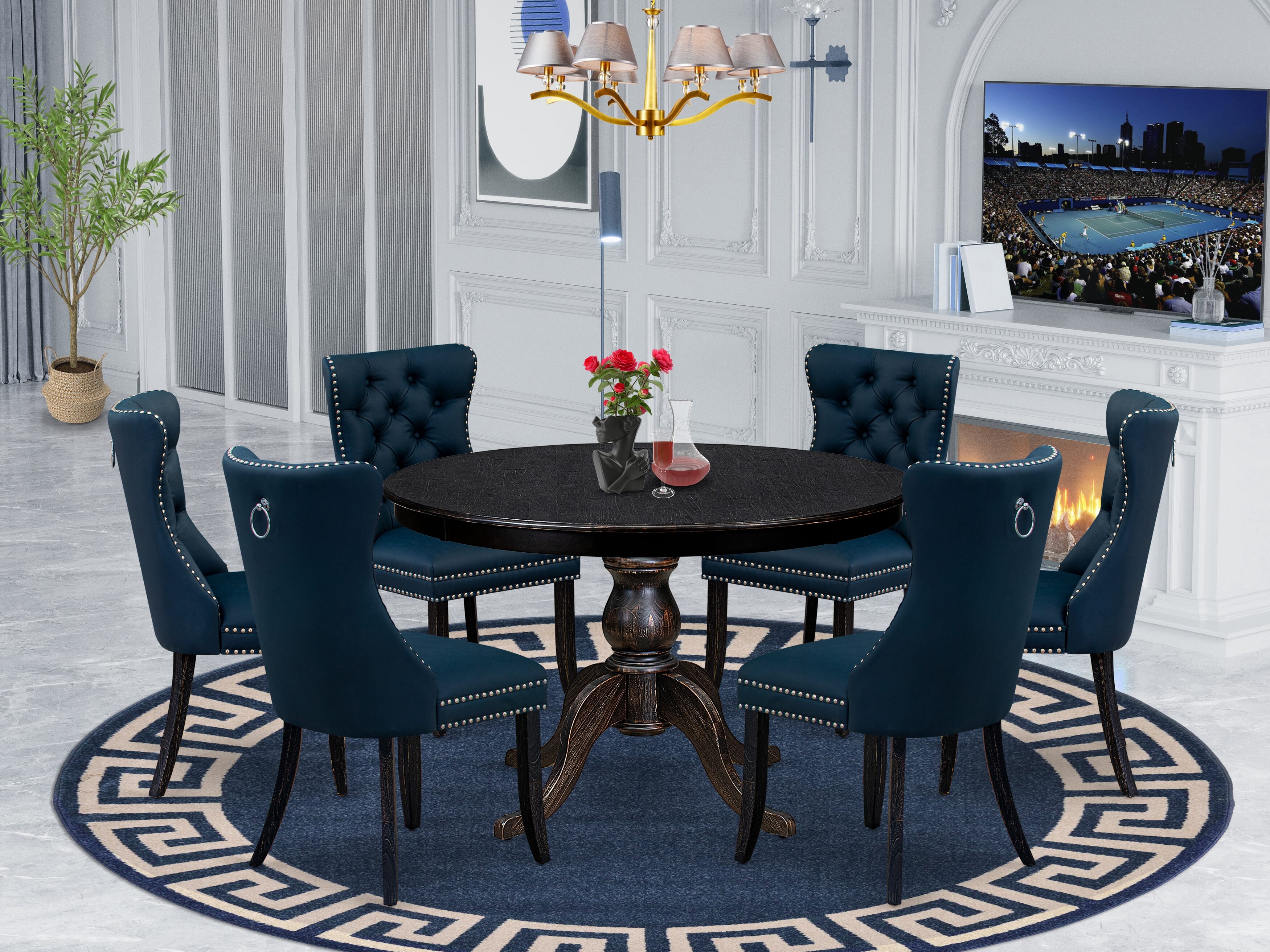 Luxe by East West Furniture F6DA7-411-29 7 Piece Dining Table Set Consists of a 48" Round Table with Pedestal and 6 Navy Blue Faux Leather Padded Chairs, Sand Blasted Black
