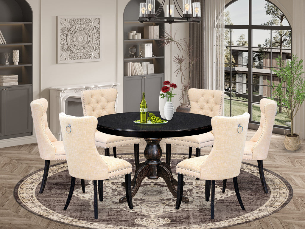 Luxe by East West Furniture F6DA7-411-32 7-piece Dining Set included a dining table and 6 Light Beige Linen Fabric parsons chairs with Button Tufted Back - Sand Blasted Black