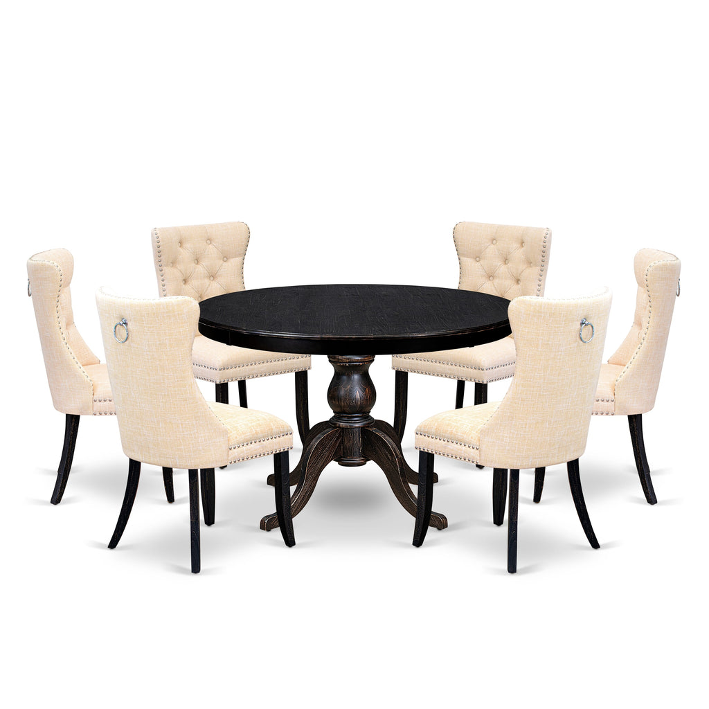 Luxe by East West Furniture F6DA7-411-32 7-piece Dining Set included a dining table and 6 Light Beige Linen Fabric parsons chairs with Button Tufted Back - Sand Blasted Black