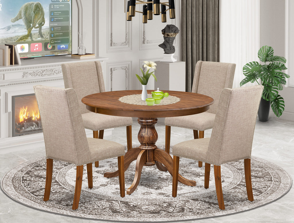 Luxe by East West Furniture F6FL5-40N-04 5-piece Dinner Table Set consists of a dining table and 4 Light Tan Linen Fabric mid century chair with Padded Back - Antique Walnut