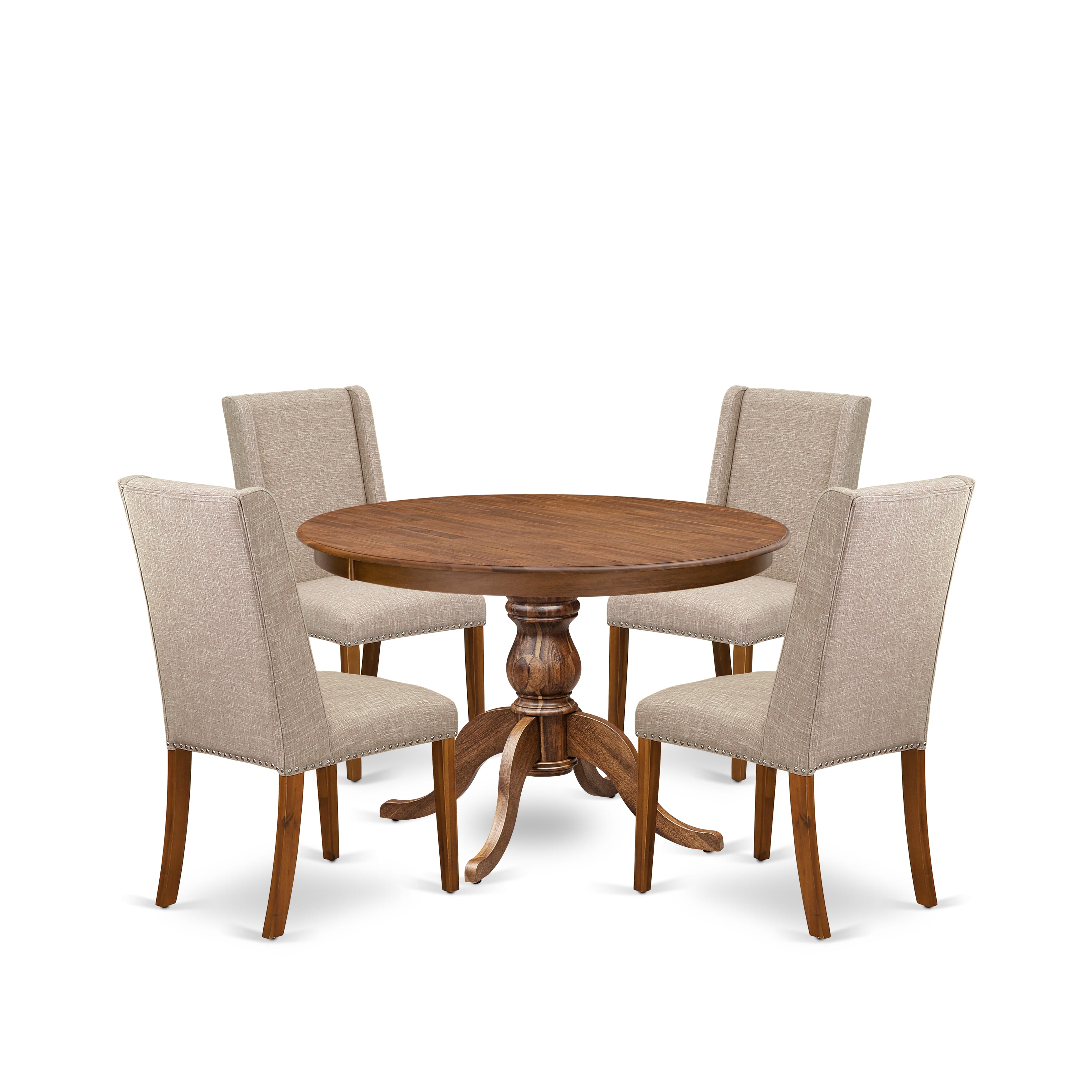 Luxe by East West Furniture F6FL5-40N-04 5-piece Dinner Table Set consists of a dining table and 4 Light Tan Linen Fabric mid century chair with Padded Back - Antique Walnut