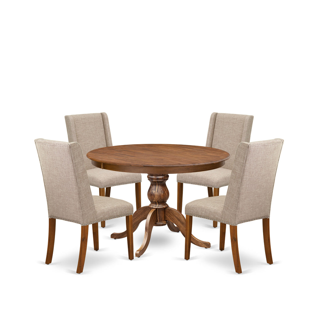Luxe by East West Furniture F6FL5-40N-04 5-piece Dinner Table Set consists of a dining table and 4 Light Tan Linen Fabric mid century chair with Padded Back - Antique Walnut