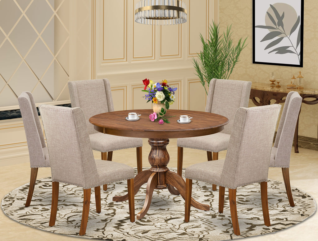 Luxe by East West Furniture F6FL7-40N-04 7-piece Dinette Set contains a mid century dining table and 6 Light Tan Linen Fabric kitchen chair with Padded Back - Antique Walnut