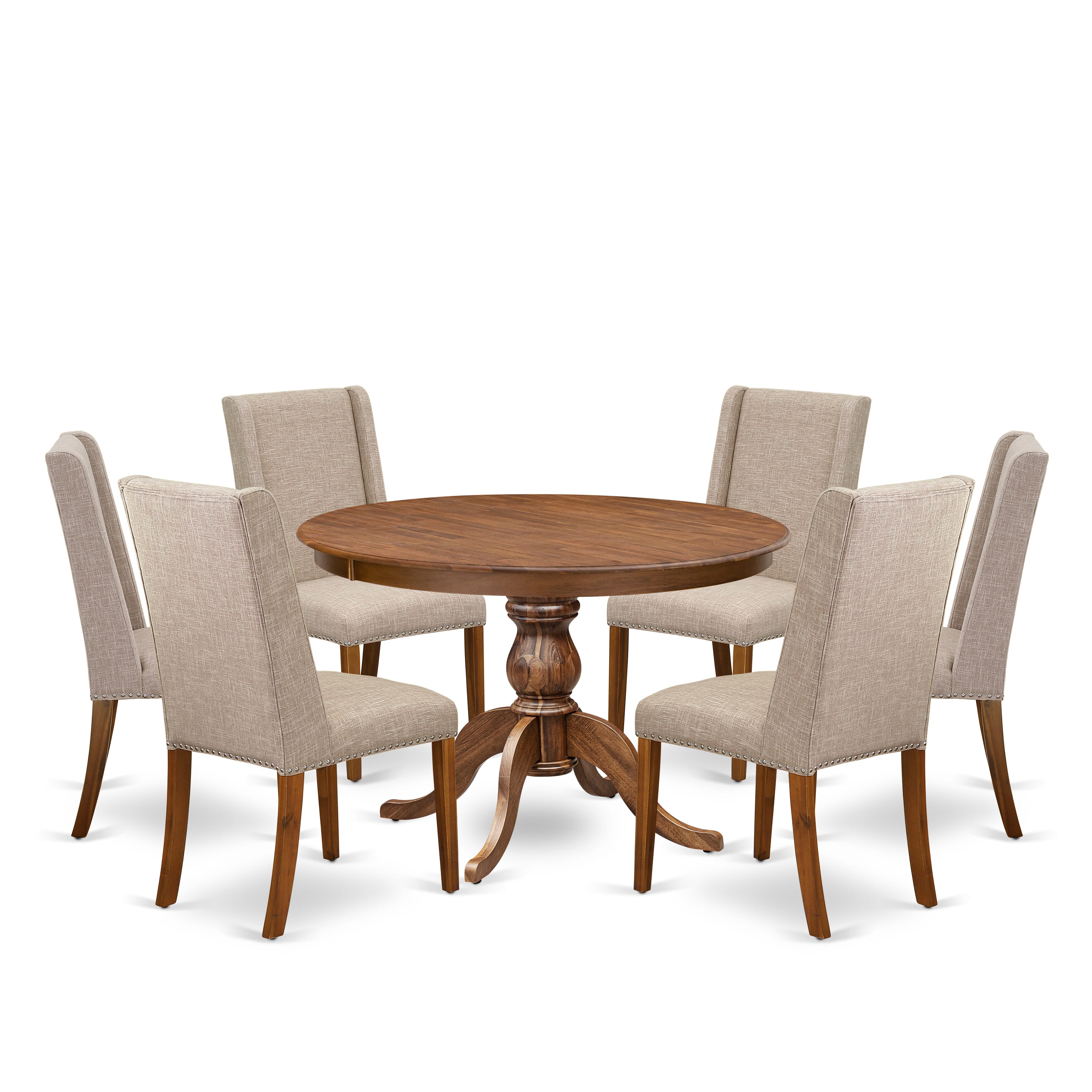 Luxe by East West Furniture F6FL7-40N-04 7-piece Dinette Set contains a mid century dining table and 6 Light Tan Linen Fabric kitchen chair with Padded Back - Antique Walnut