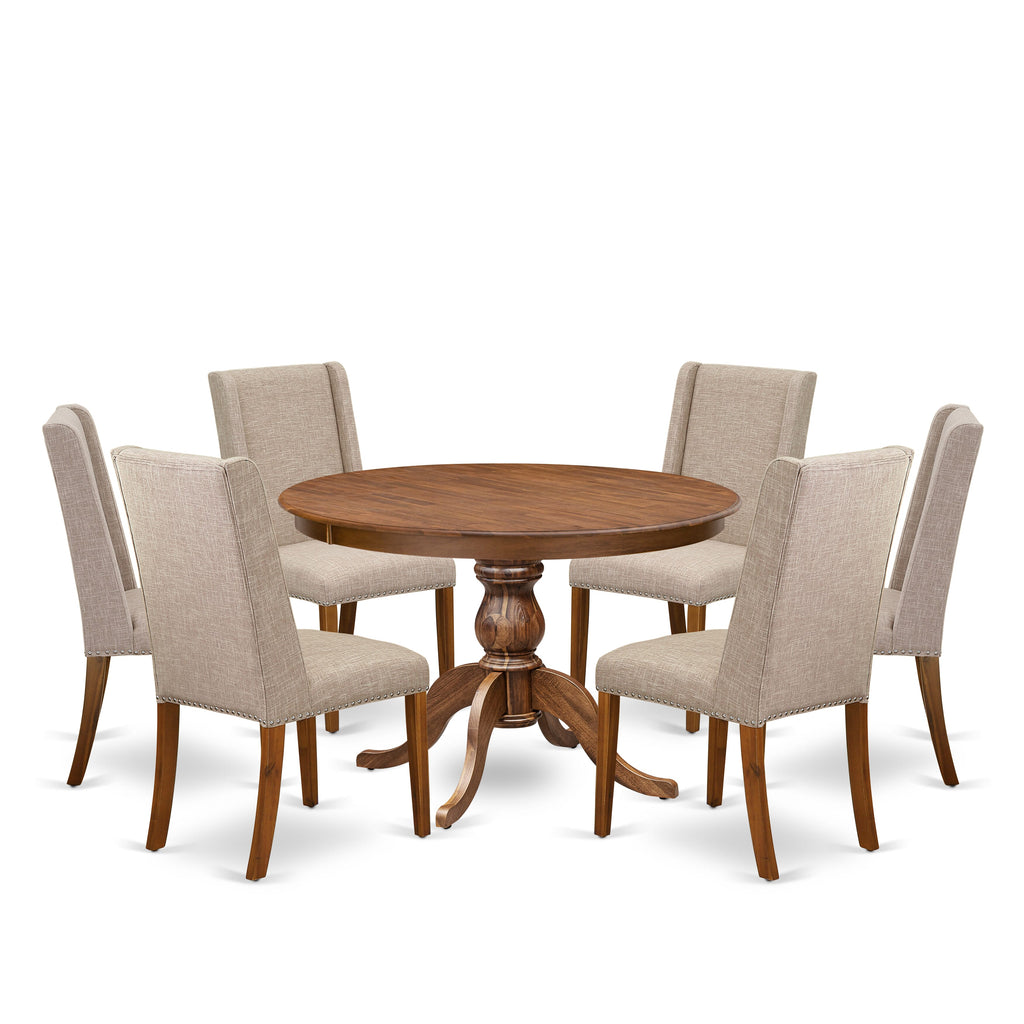 Luxe by East West Furniture F6FL7-40N-04 7-piece Dinette Set contains a mid century dining table and 6 Light Tan Linen Fabric kitchen chair with Padded Back - Antique Walnut