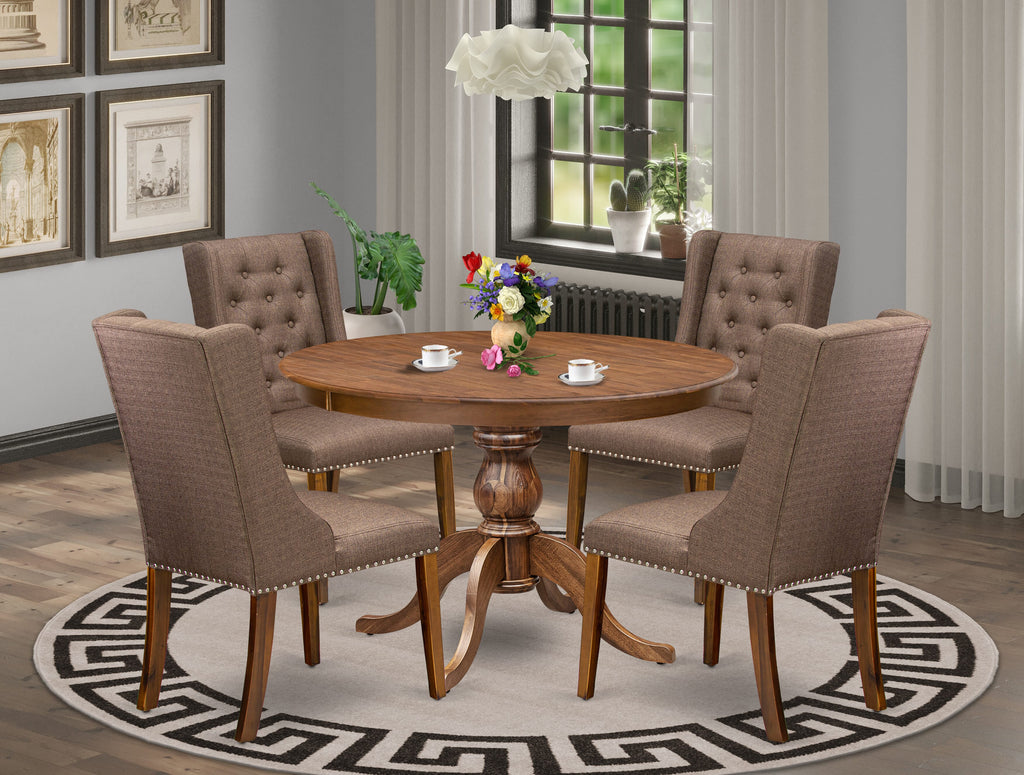 Luxe by East West Furniture - F6FO5-40N-18 - 5-Pc Dining Table Set Includes A Modern Table and 4 Brown Linen Fabric Dining Chairs with Button Tufted Back, Antique Walnut