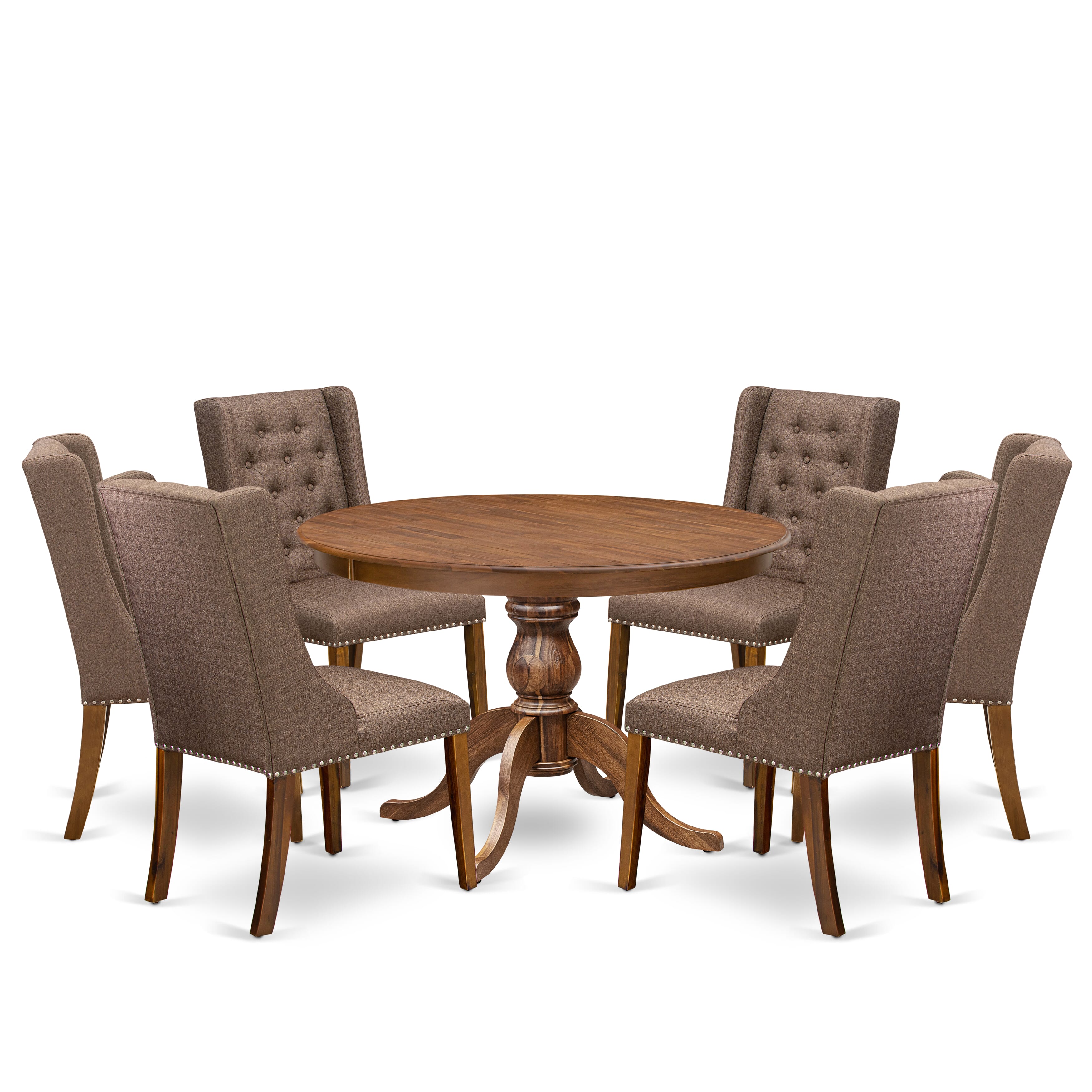 Luxe by East West Furniture - F6FO7-40N-18 - 7-Pc Modern Dining Table Set Contains A Wood Dining Table and 6 Brown Linen Fabric Chairs with Button Tufted Back, Antique Walnut