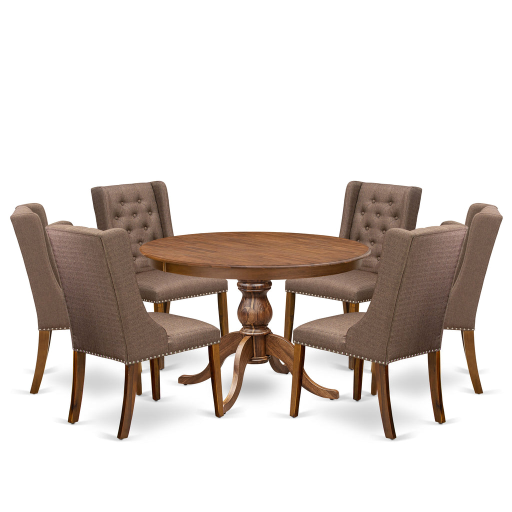 Luxe by East West Furniture - F6FO7-40N-18 - 7-Pc Modern Dining Table Set Contains A Wood Dining Table and 6 Brown Linen Fabric Chairs with Button Tufted Back, Antique Walnut