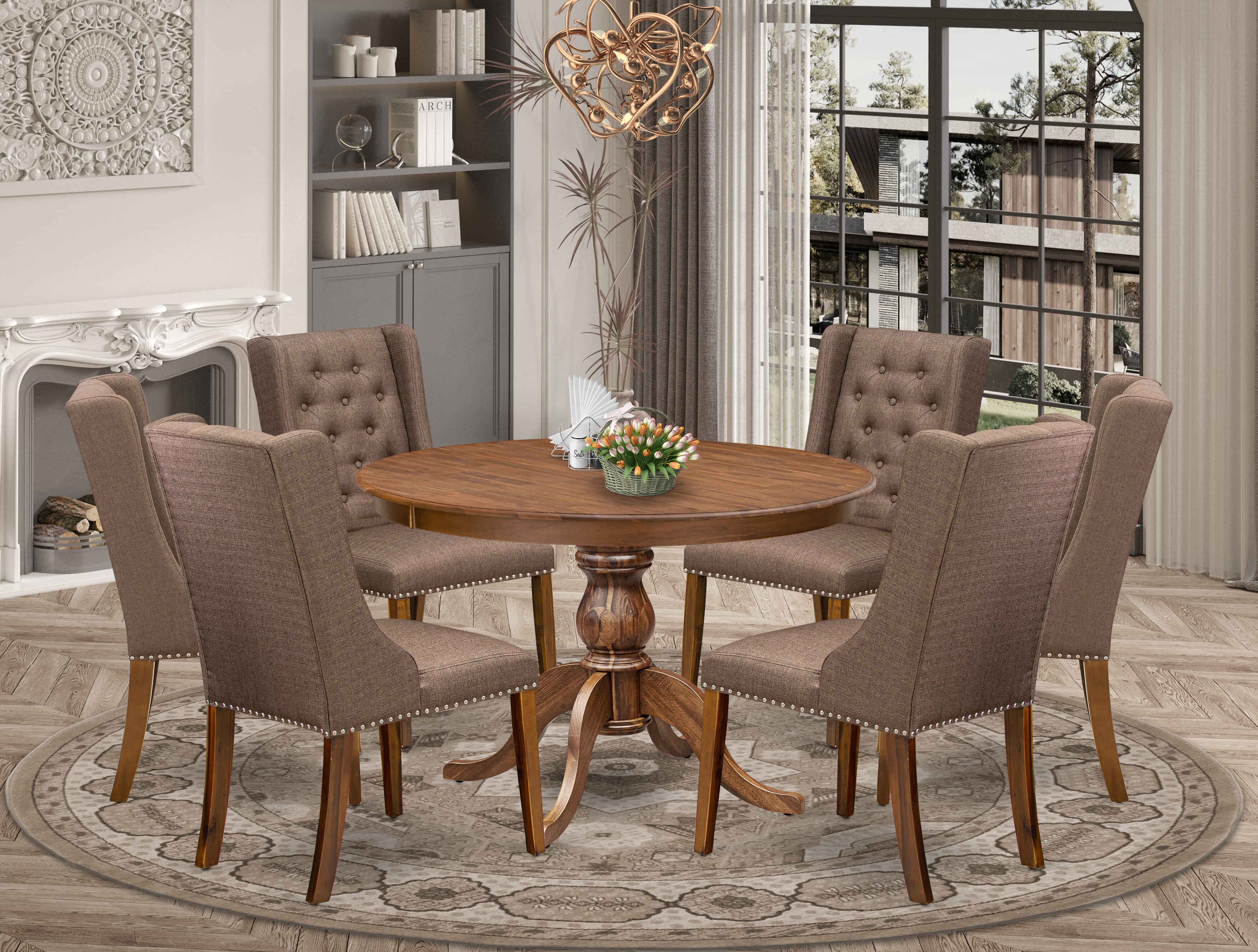 Luxe by East West Furniture - F6FO7-40N-18 - 7-Pc Modern Dining Table Set Contains A Wood Dining Table and 6 Brown Linen Fabric Chairs with Button Tufted Back, Antique Walnut