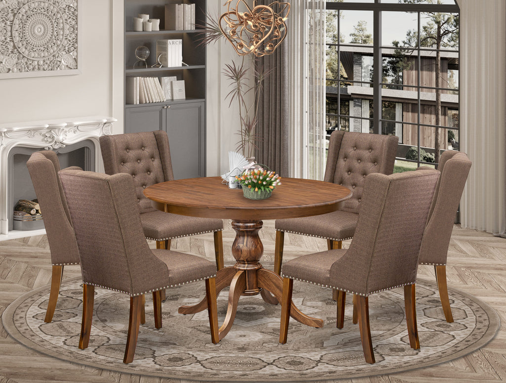 Luxe by East West Furniture - F6FO7-40N-18 - 7-Pc Modern Dining Table Set Contains A Wood Dining Table and 6 Brown Linen Fabric Chairs with Button Tufted Back, Antique Walnut