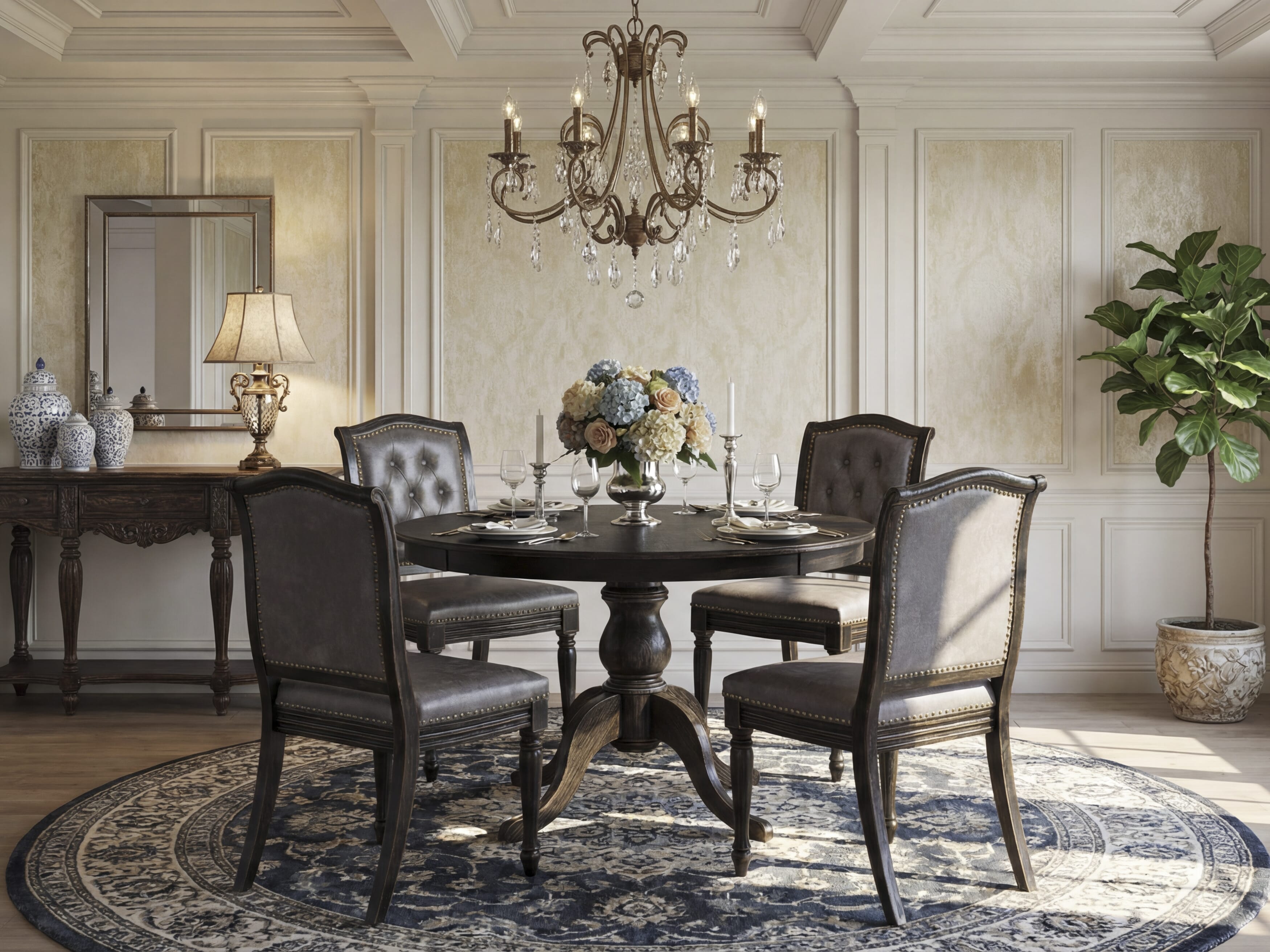 Luxe by East West Furniture - F6MA5-411-34 - 5-piece Kitchen Dining Table Set consists of a Dining Table and 4 Dark Grey Polyester Fabric Parsons Chairs with Button Tufted Back - Sand Blasting Black