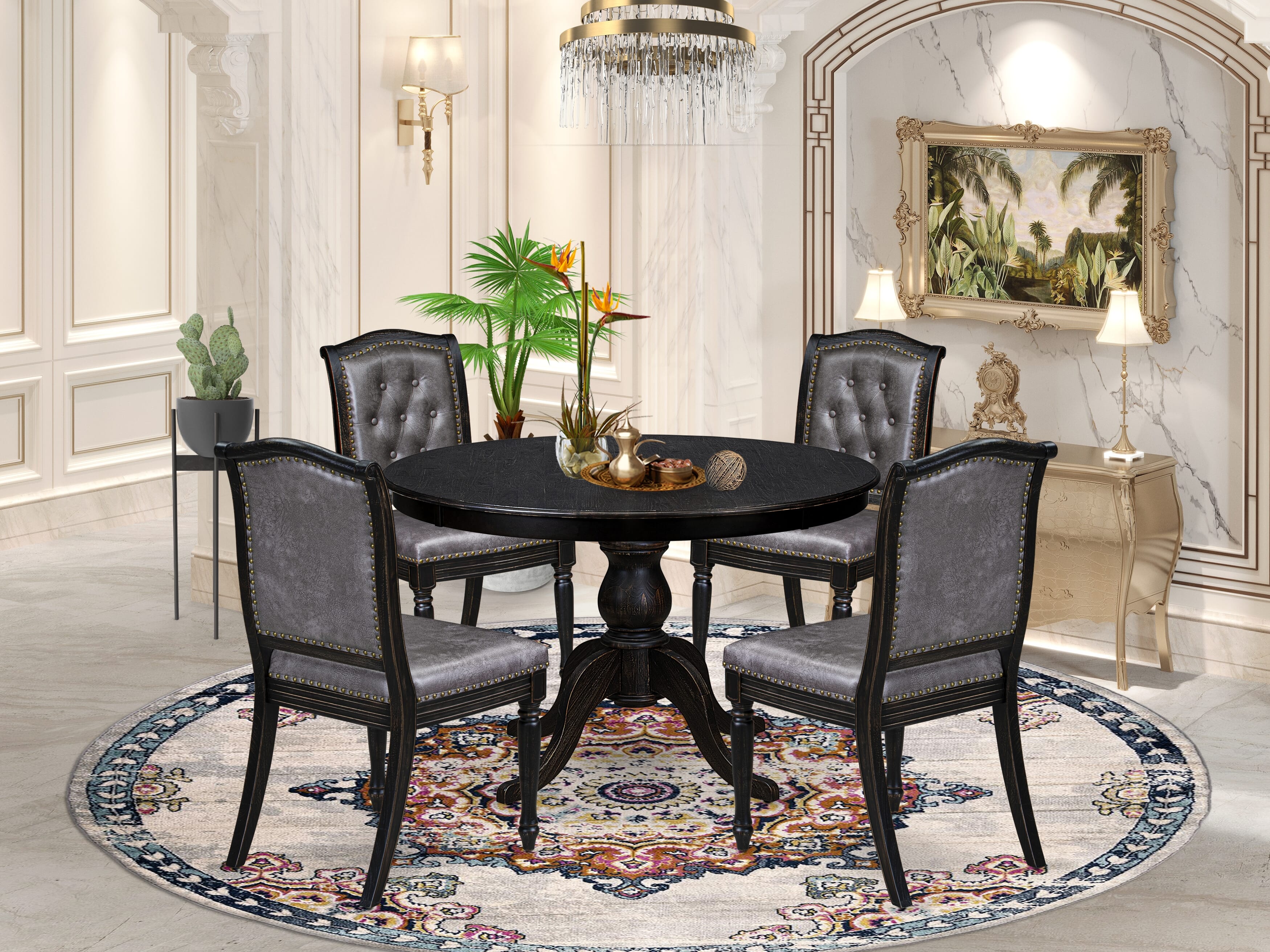 Luxe by East West Furniture - F6MA5-411-34 - 5-piece Kitchen Dining Table Set consists of a Dining Table and 4 Dark Grey Polyester Fabric Parsons Chairs with Button Tufted Back - Sand Blasting Black