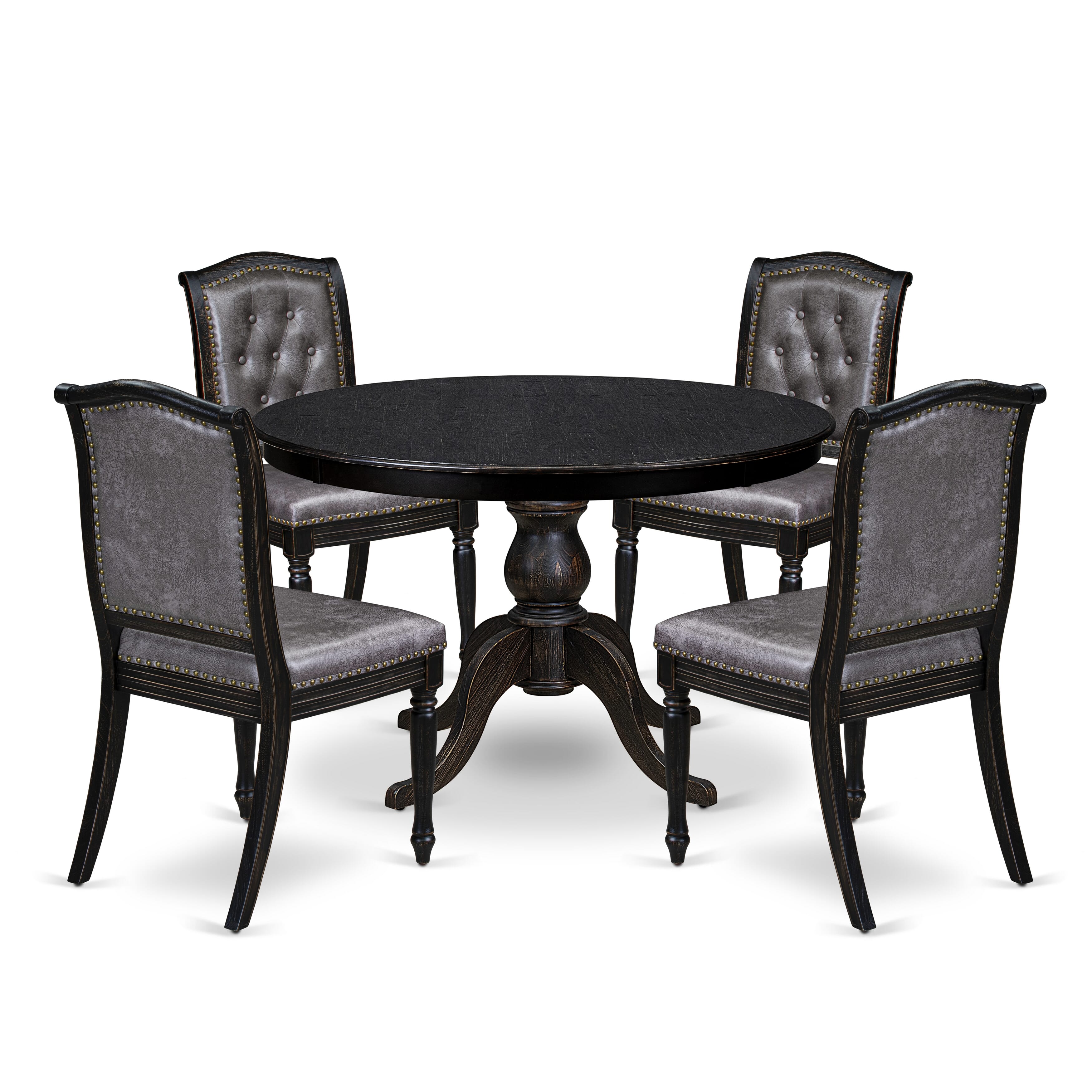 Luxe by East West Furniture - F6MA5-411-34 - 5-piece Kitchen Dining Table Set consists of a Dining Table and 4 Dark Grey Polyester Fabric Parsons Chairs with Button Tufted Back - Sand Blasting Black