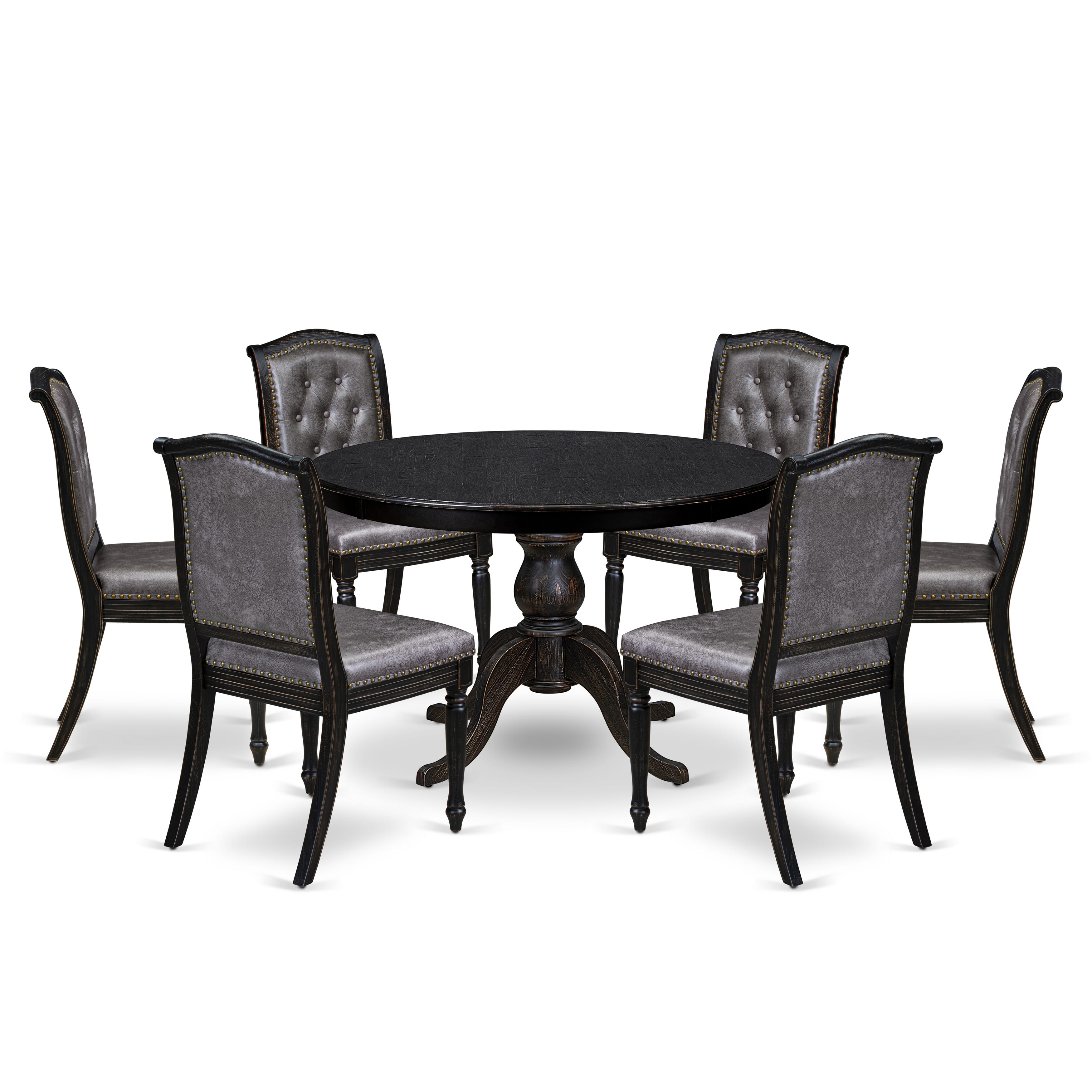 Luxe by East West Furniture - F6MA7-411-34 - 7-piece Kitchen Dining Table Set consists of a Dining Table and 6 Dark Grey Polyester Fabric Parsons Chairs with Button Tufted Back - Sand Blasting Black