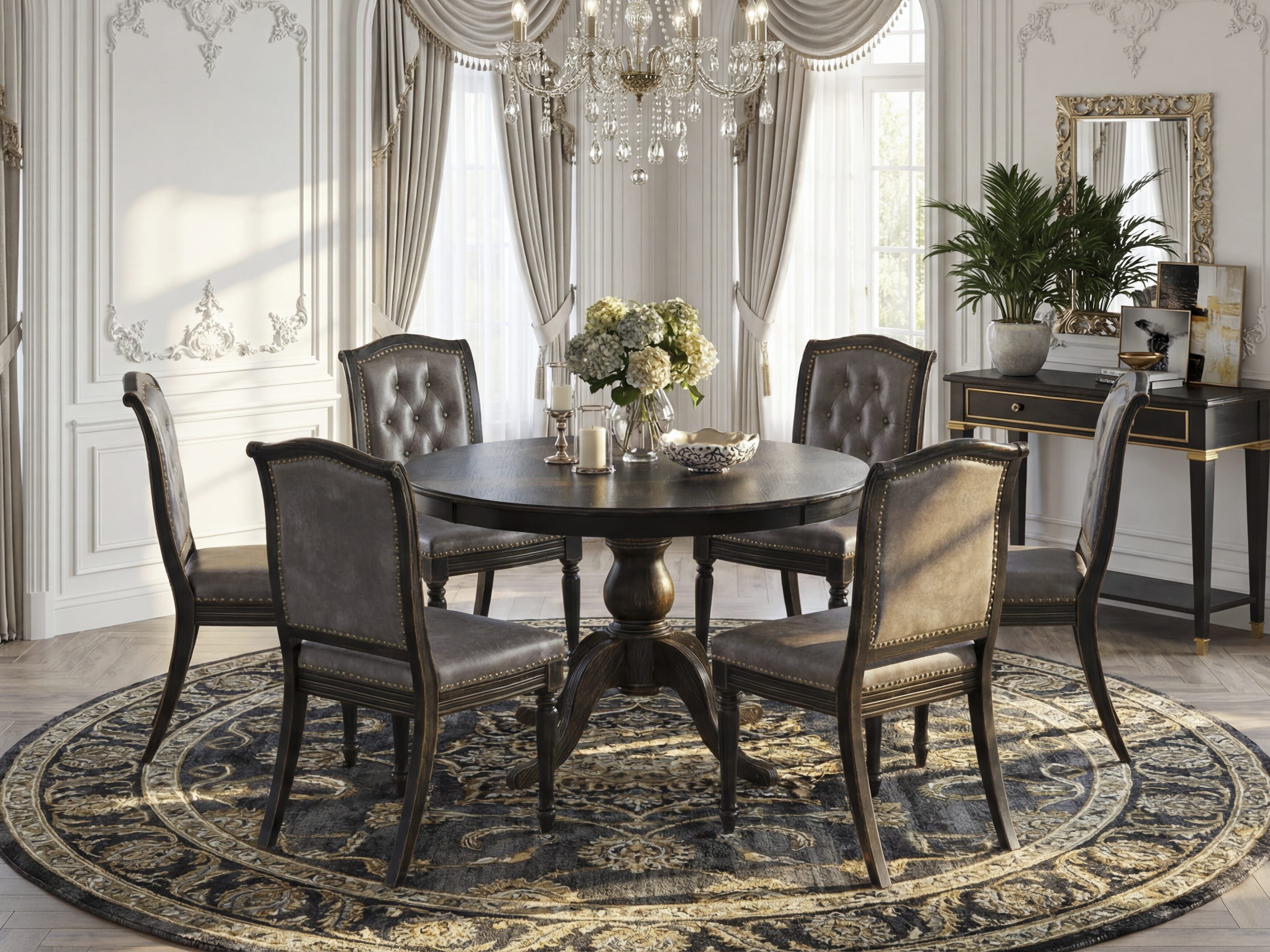 Luxe by East West Furniture - F6MA7-411-34 - 7-piece Kitchen Dining Table Set consists of a Dining Table and 6 Dark Grey Polyester Fabric Parsons Chairs with Button Tufted Back - Sand Blasting Black