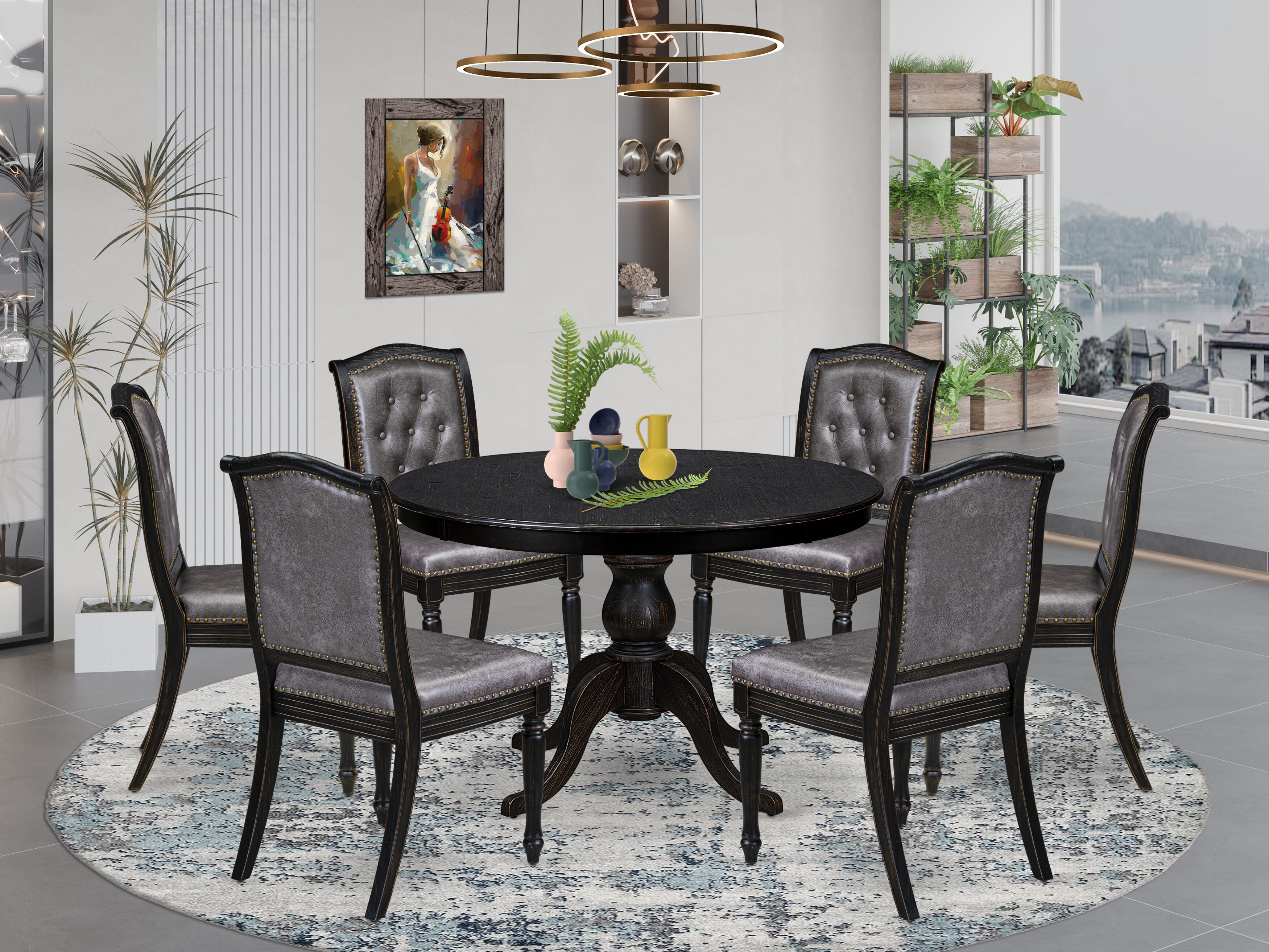 Luxe by East West Furniture - F6MA7-411-34 - 7-piece Kitchen Dining Table Set consists of a Dining Table and 6 Dark Grey Polyester Fabric Parsons Chairs with Button Tufted Back - Sand Blasting Black