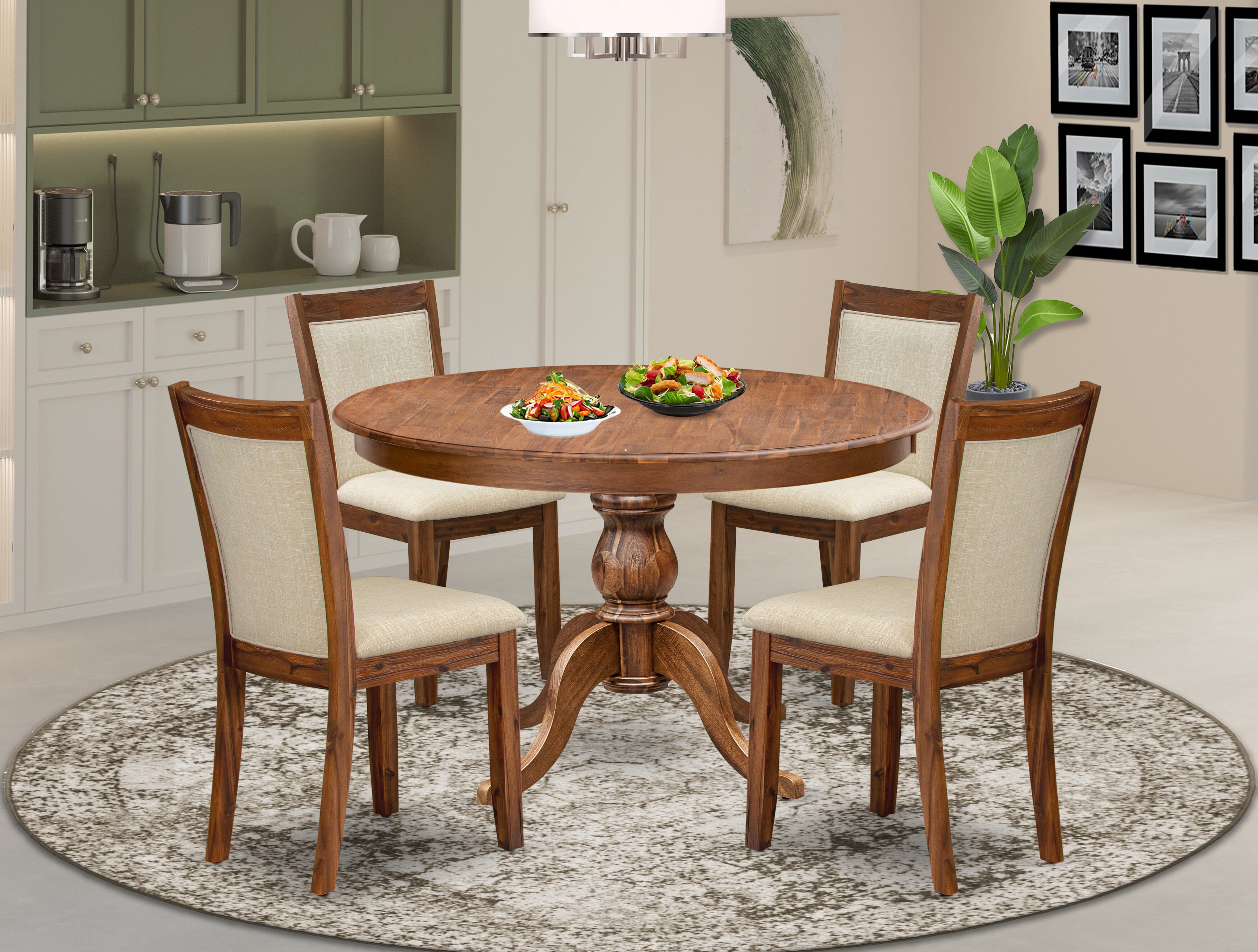 Luxe by East West Furniture F6MZ5-40N-02 5-Pc Modern Dining Set Includes a Pedestal Table and 4 Light Beige Linen Fabric Kitchen Chairs with Padded Back - Antique Walnut