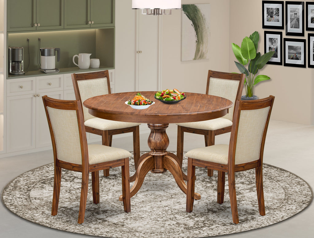 Luxe by East West Furniture F6MZ5-40N-02 5-Pc Modern Dining Set Includes a Pedestal Table and 4 Light Beige Linen Fabric Kitchen Chairs with Padded Back - Antique Walnut