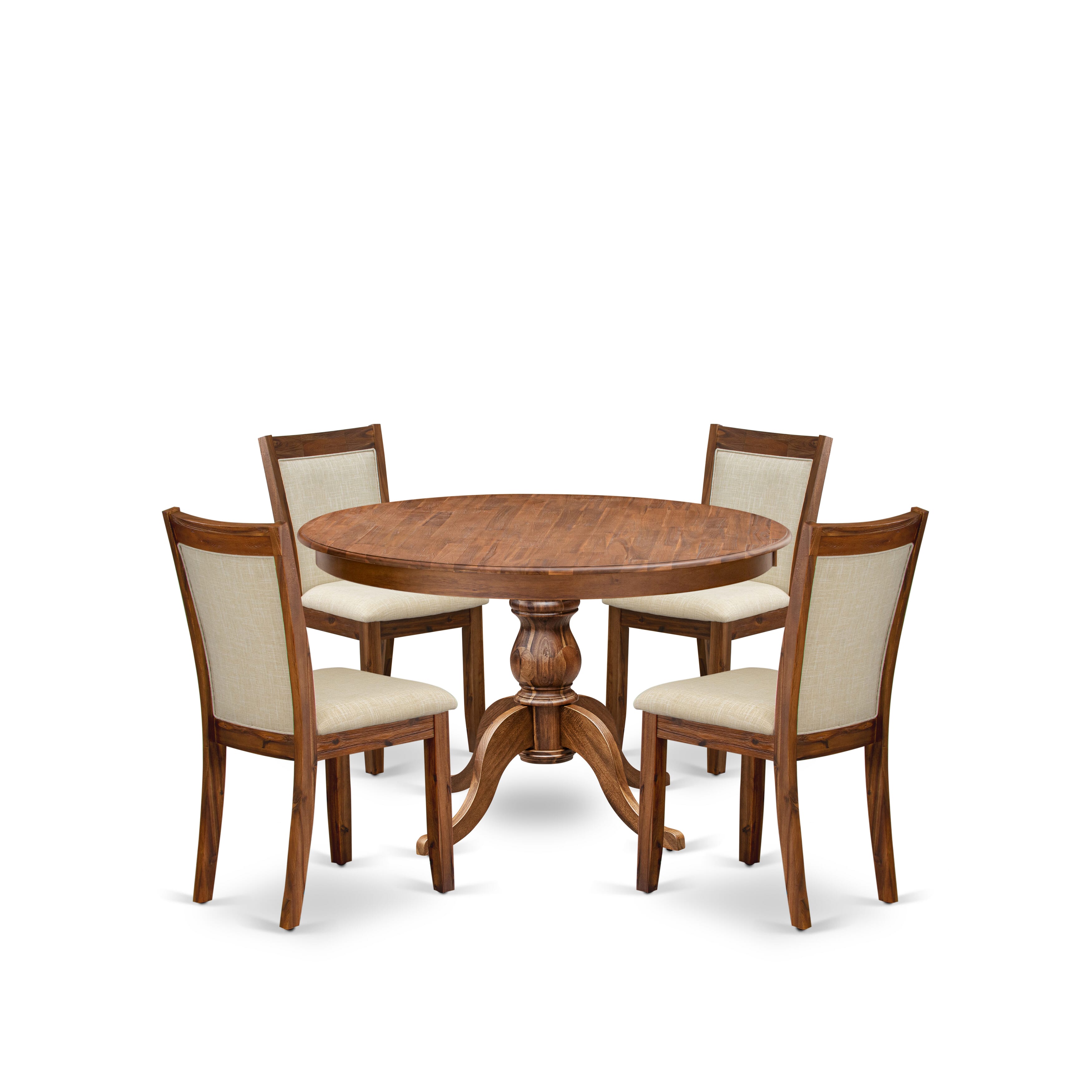 Luxe by East West Furniture F6MZ5-40N-02 5-Pc Modern Dining Set Includes a Pedestal Table and 4 Light Beige Linen Fabric Kitchen Chairs with Padded Back - Antique Walnut