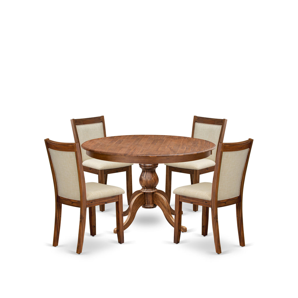 Luxe by East West Furniture F6MZ5-40N-02 5-Pc Modern Dining Set Includes a Pedestal Table and 4 Light Beige Linen Fabric Kitchen Chairs with Padded Back - Antique Walnut