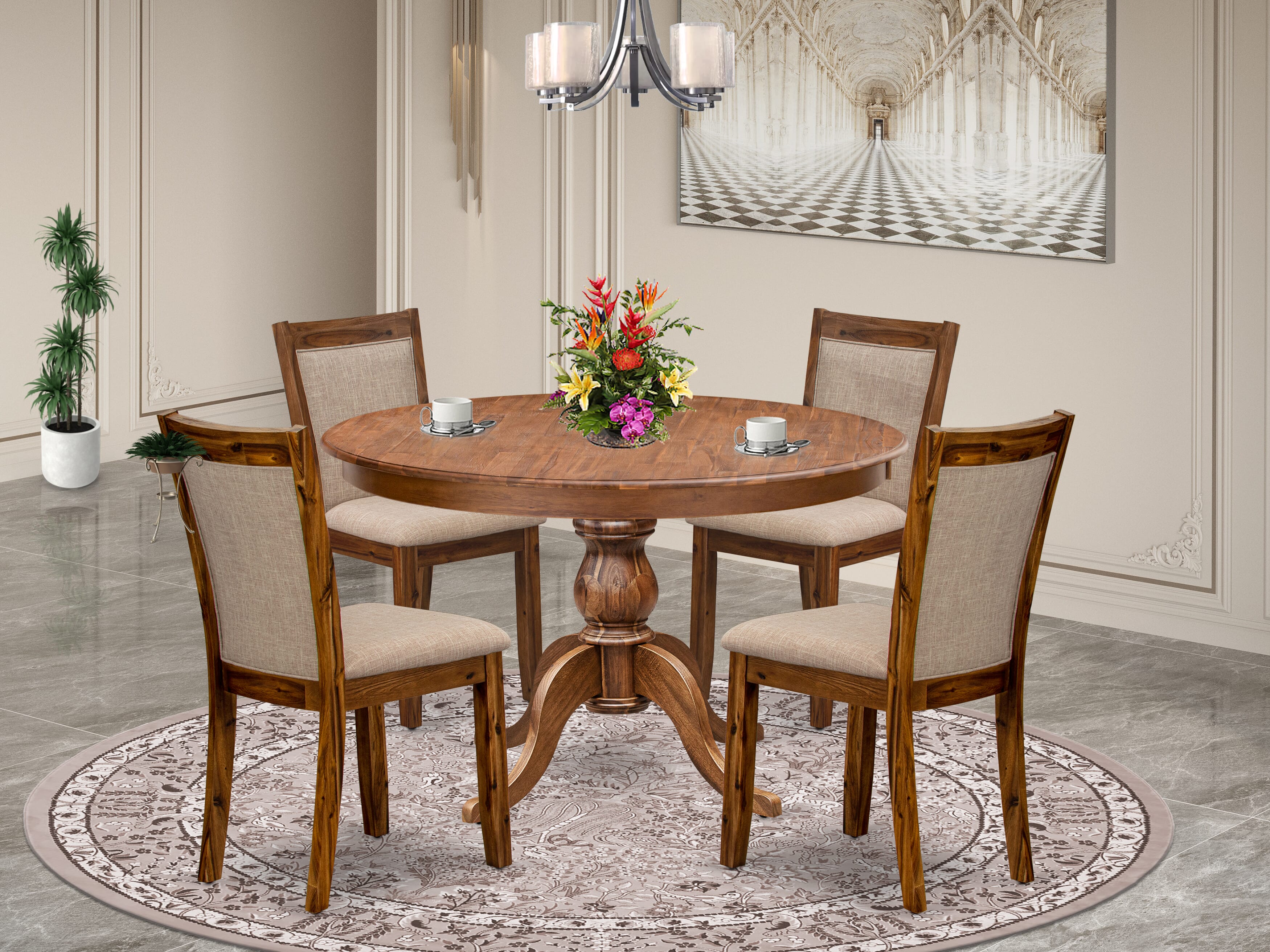 Luxe by East West Furniture F6MZ5-40N-04 5-Pc Kitchen Table Set Includes a Pedestal Wooden Table and 4 Light Tan Linen Fabric Dining Chairs with Padded Back- Antique Walnut