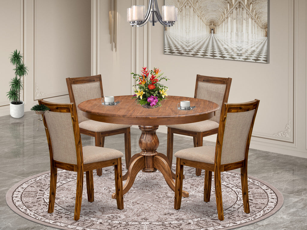 Luxe by East West Furniture F6MZ5-40N-04 5-Pc Kitchen Table Set Includes a Pedestal Wooden Table and 4 Light Tan Linen Fabric Dining Chairs with Padded Back- Antique Walnut