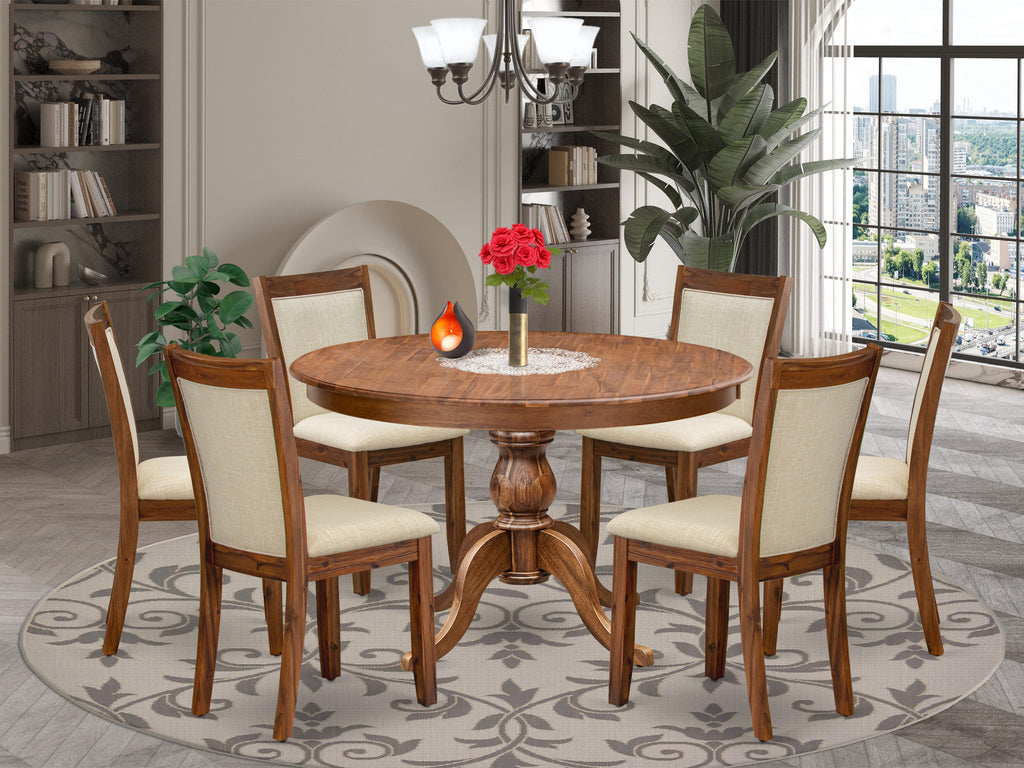 Luxe by East West Furniture F6MZ7-40N-02 7-Pc Kitchen Table Set consists of a Pedestal Dinner Table & 6 Light Beige Linen Fabric Padded Chairs with Padded Back - Antique Walnut