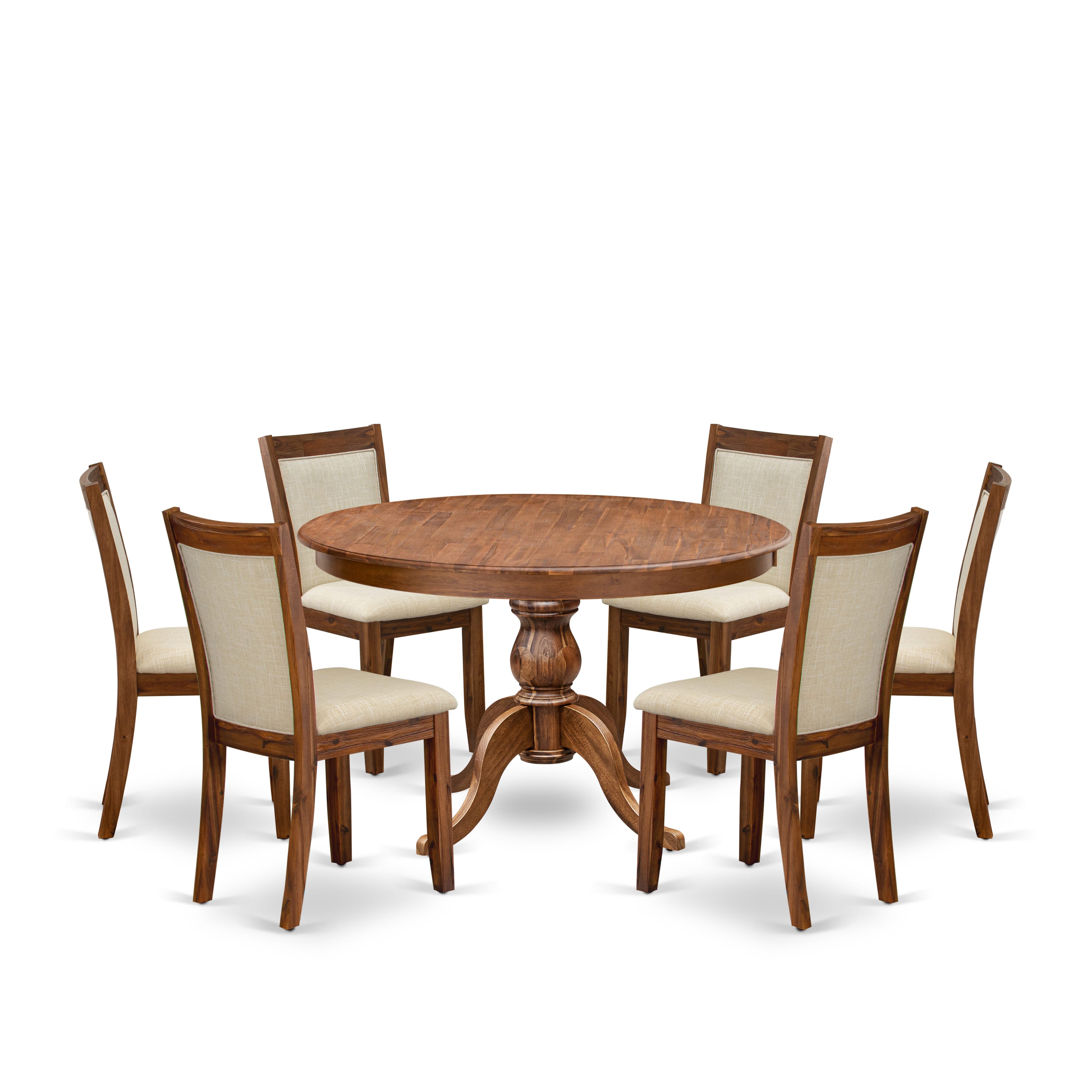 Luxe by East West Furniture F6MZ7-40N-02 7-Pc Kitchen Table Set consists of a Pedestal Dinner Table & 6 Light Beige Linen Fabric Padded Chairs with Padded Back - Antique Walnut