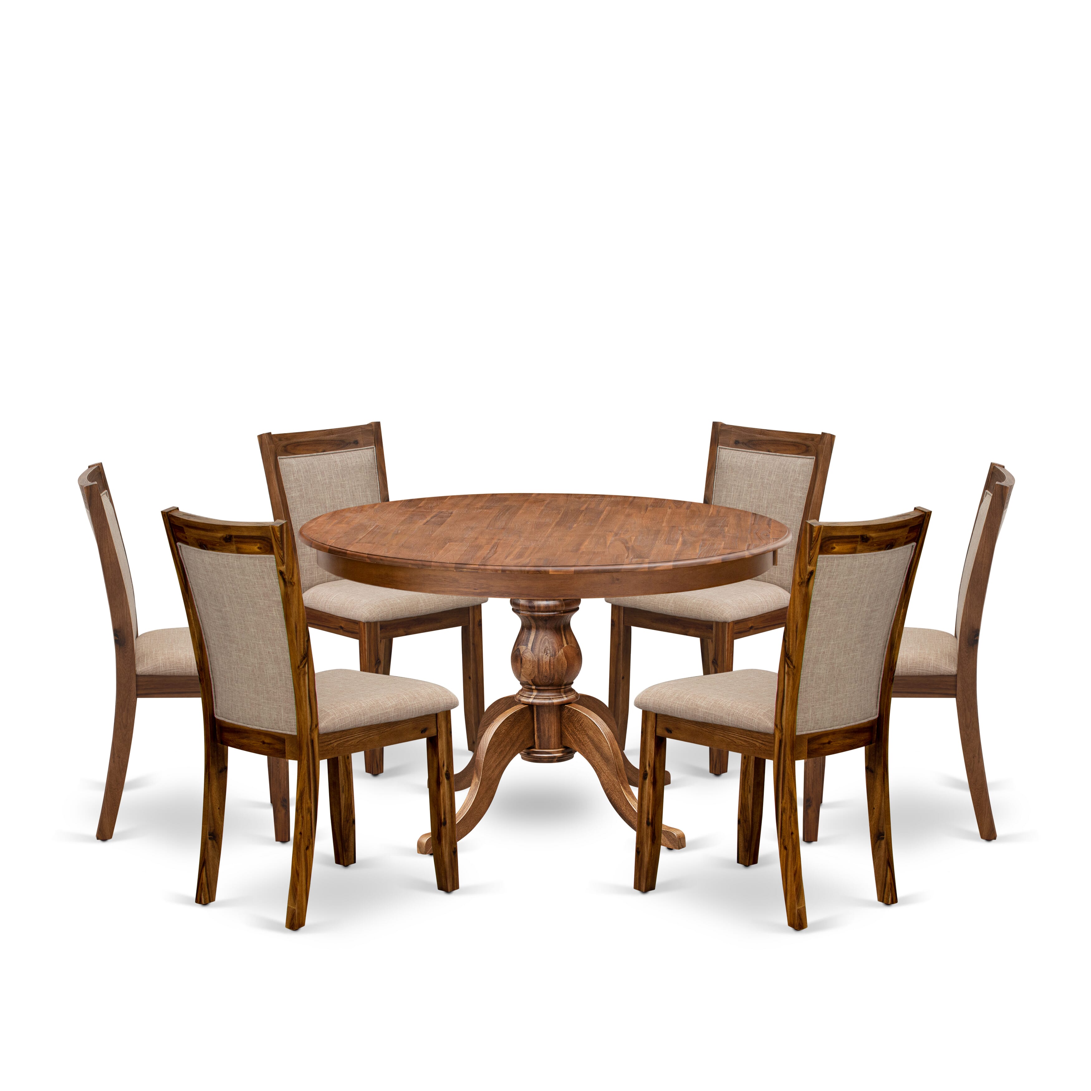 Luxe by East West Furniture F6MZ7-40N-04 7-Pc Modern Dining Set consists of a Pedestal Dining Table and 6 Light Tan Linen Fabric Parson Chairs with Padded Back- Antique Walnut