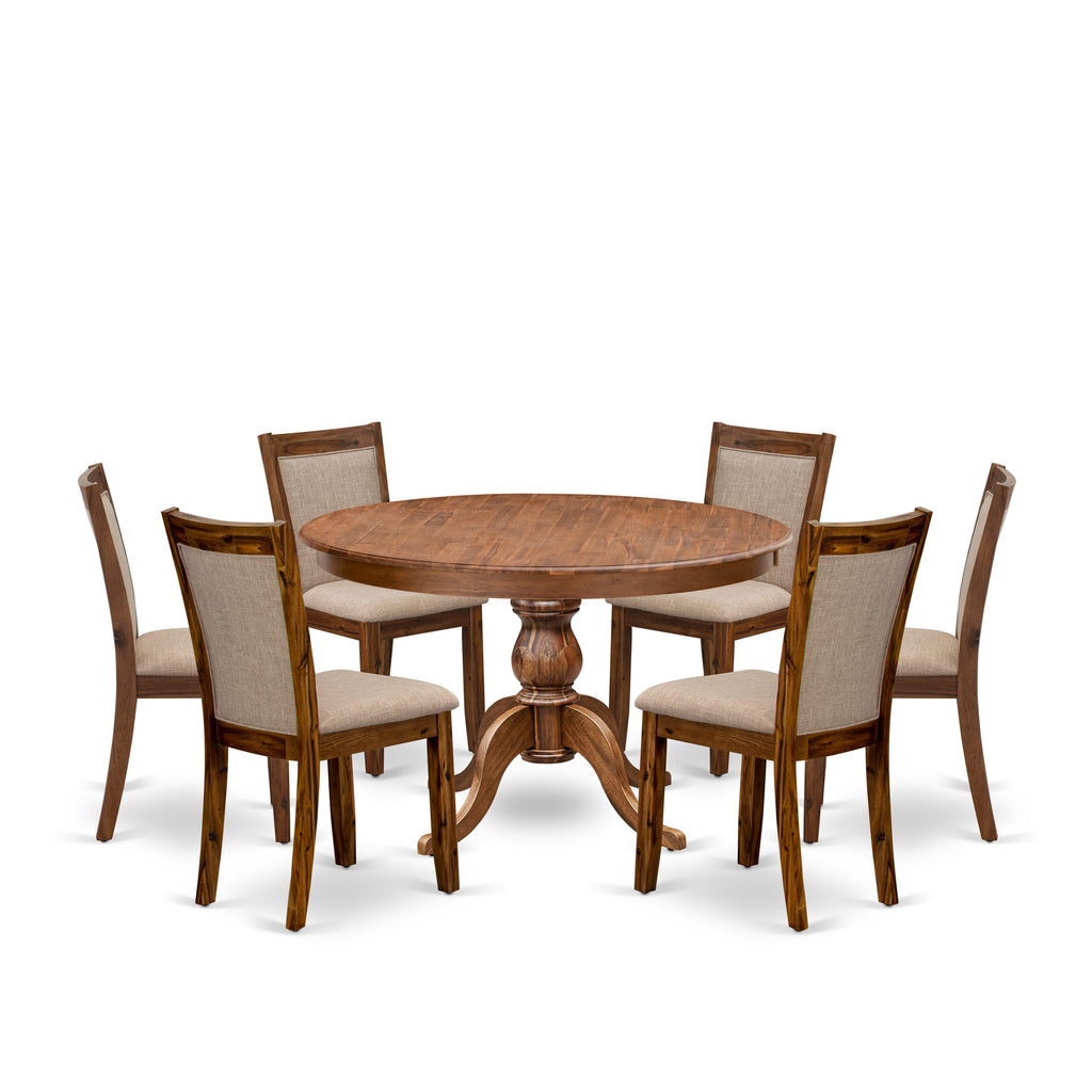 Luxe by East West Furniture F6MZ7-40N-04 7-Pc Modern Dining Set consists of a Pedestal Dining Table and 6 Light Tan Linen Fabric Parson Chairs with Padded Back- Antique Walnut