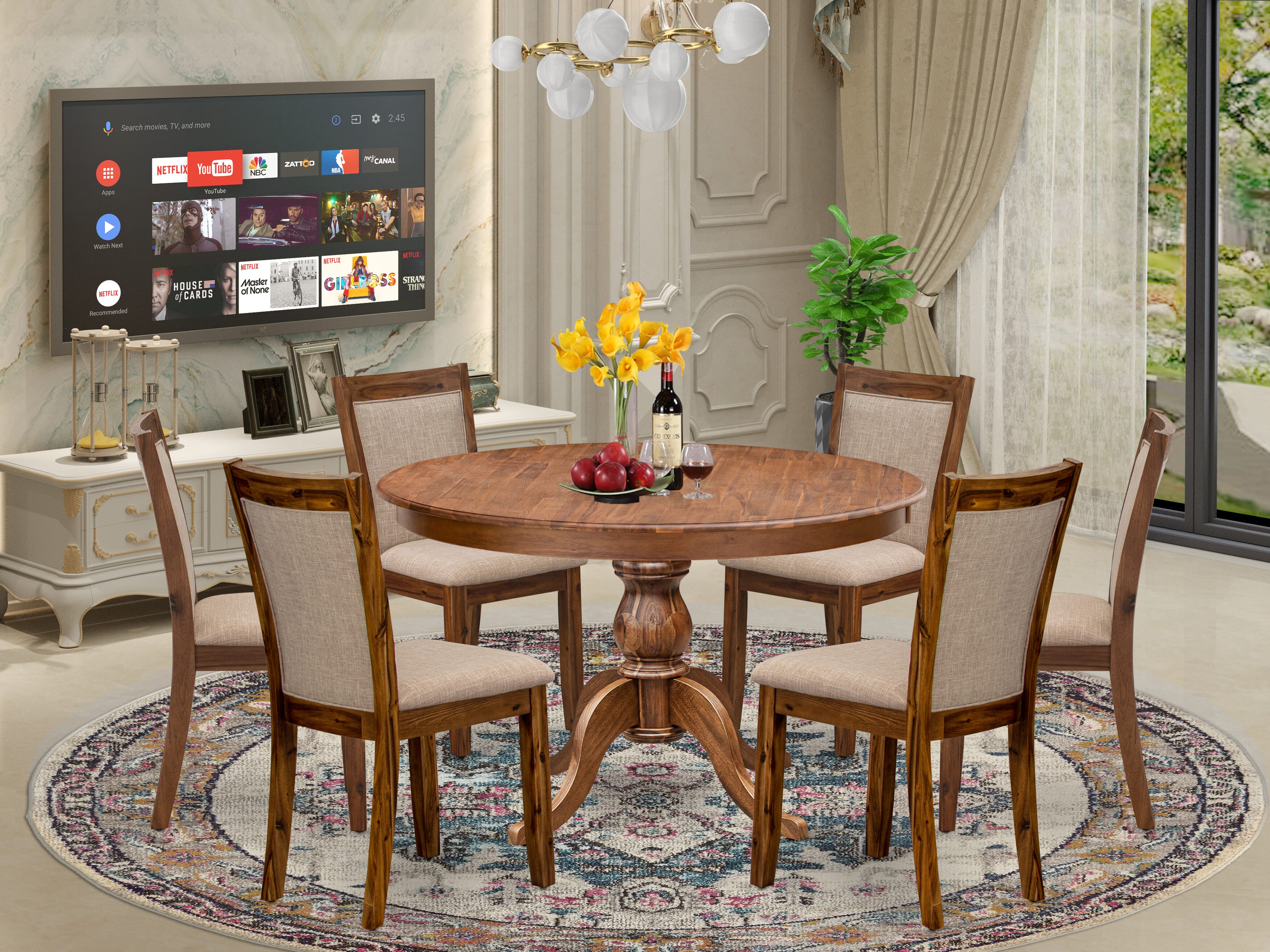 Luxe by East West Furniture F6MZ7-40N-04 7-Pc Modern Dining Set consists of a Pedestal Dining Table and 6 Light Tan Linen Fabric Parson Chairs with Padded Back- Antique Walnut