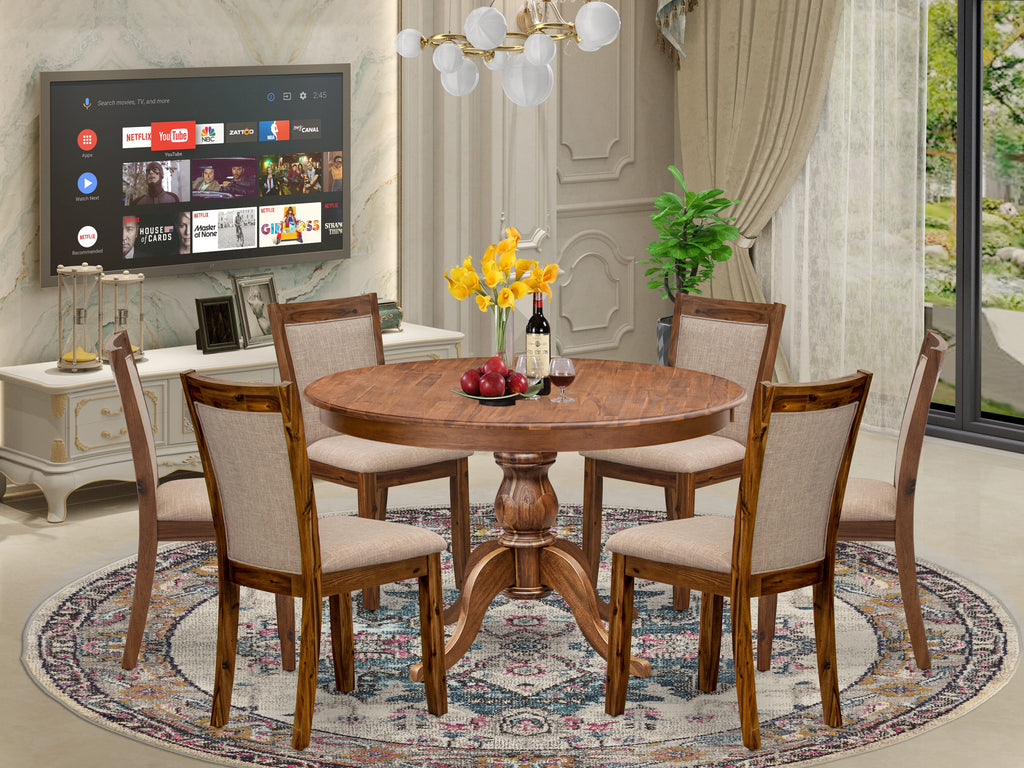Luxe by East West Furniture F6MZ7-40N-04 7-Pc Modern Dining Set consists of a Pedestal Dining Table and 6 Light Tan Linen Fabric Parson Chairs with Padded Back- Antique Walnut