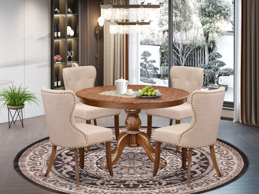 Luxe by East West Furniture F6SI5-40N-04 5-Pc Dining Set Includes a Pedestal Dining Table & 4 Light Tan Linen Fabric Padded Chairs with Button Tufted- Antique Walnut Finish