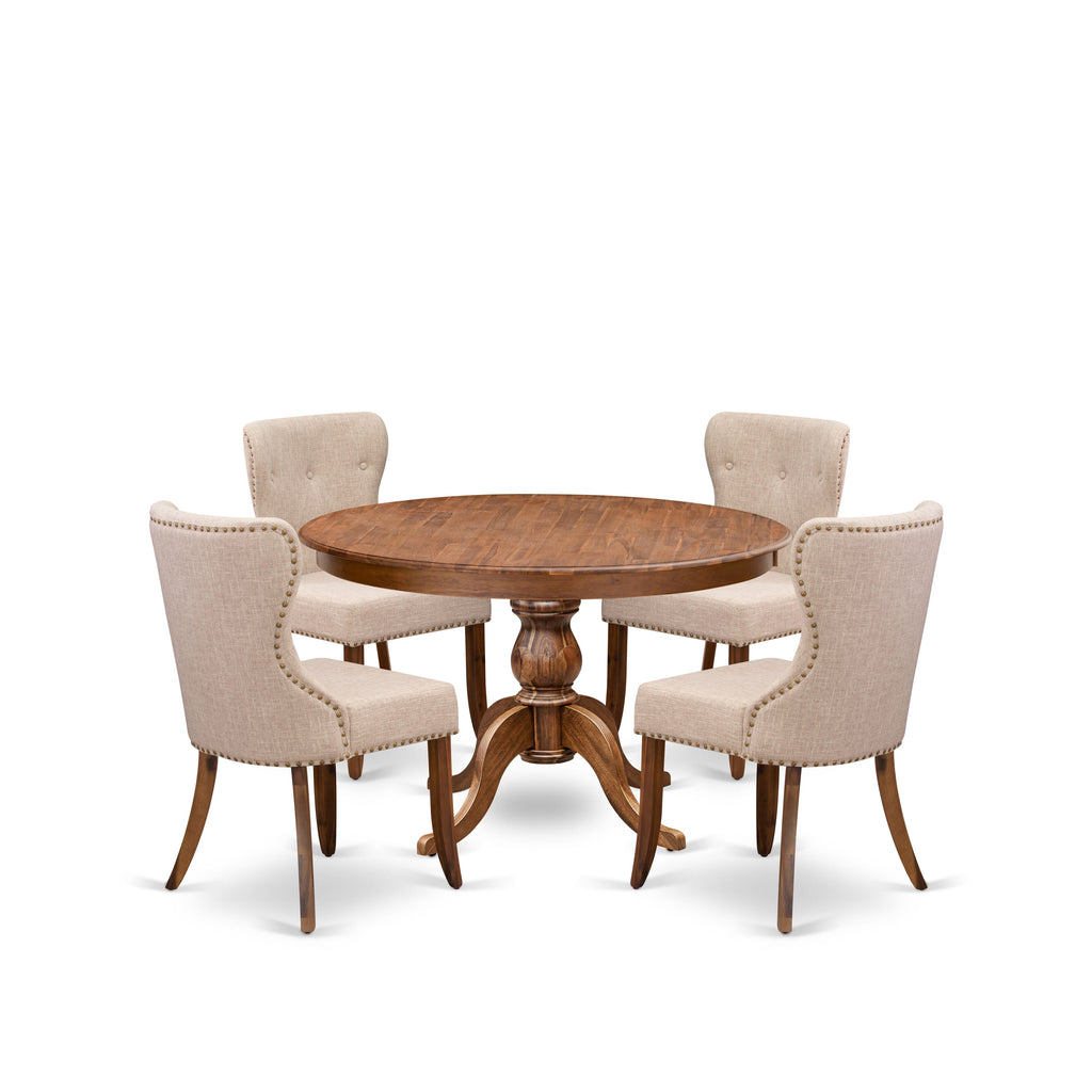 Luxe by East West Furniture F6SI5-40N-04 5-Pc Dining Set Includes a Pedestal Dining Table & 4 Light Tan Linen Fabric Padded Chairs with Button Tufted- Antique Walnut Finish