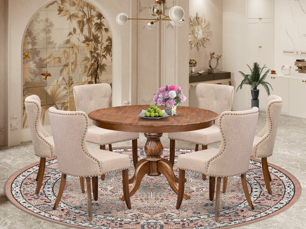 Luxe by East West Furniture F6SI7-40N-04 7-Pc Dining Set consists of a Pedestal Dinner Table and 6 Light Tan Linen Fabric Parson Chairs with Button Tufted- Antique Walnut