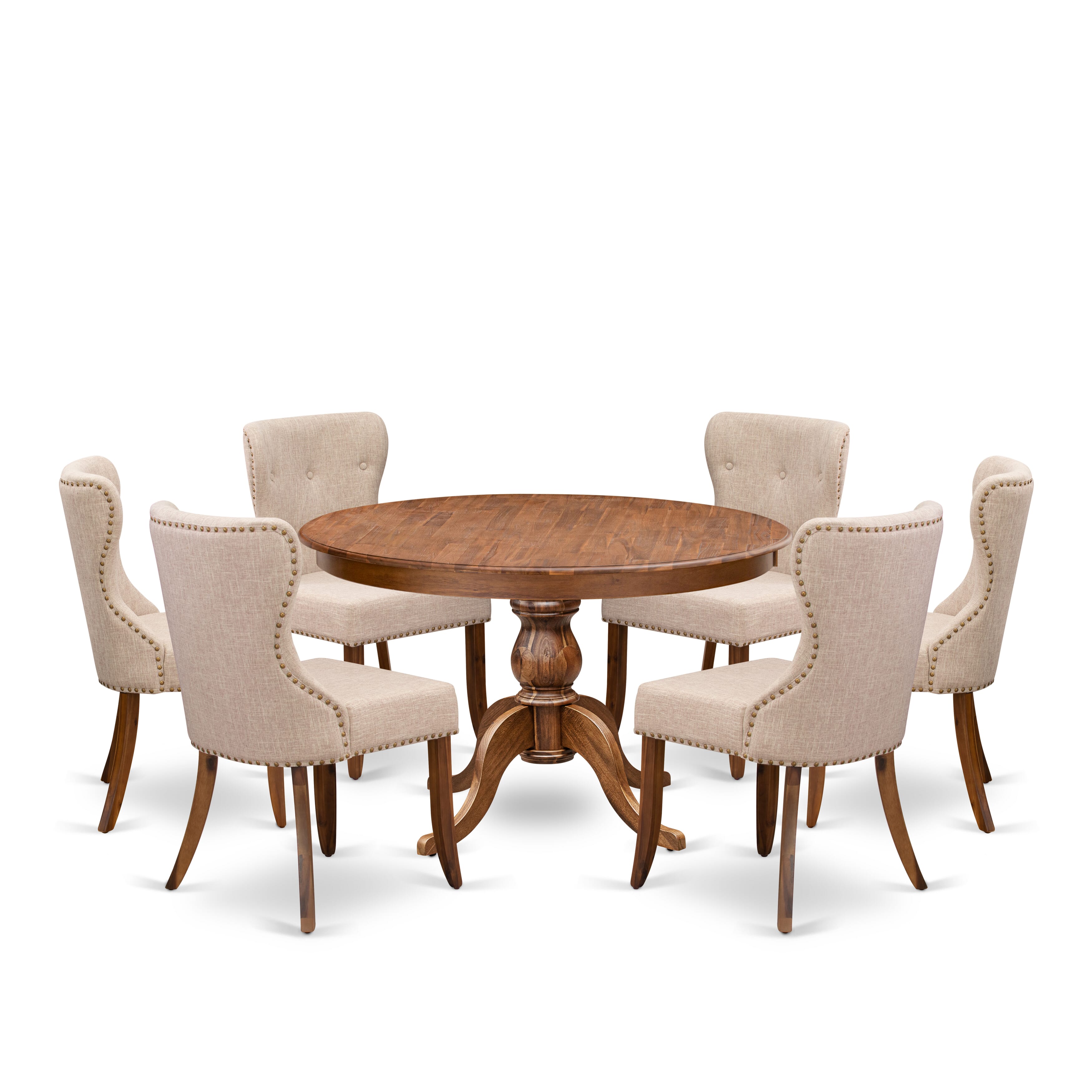 Luxe by East West Furniture F6SI7-40N-04 7-Pc Dining Set consists of a Pedestal Dinner Table and 6 Light Tan Linen Fabric Parson Chairs with Button Tufted- Antique Walnut