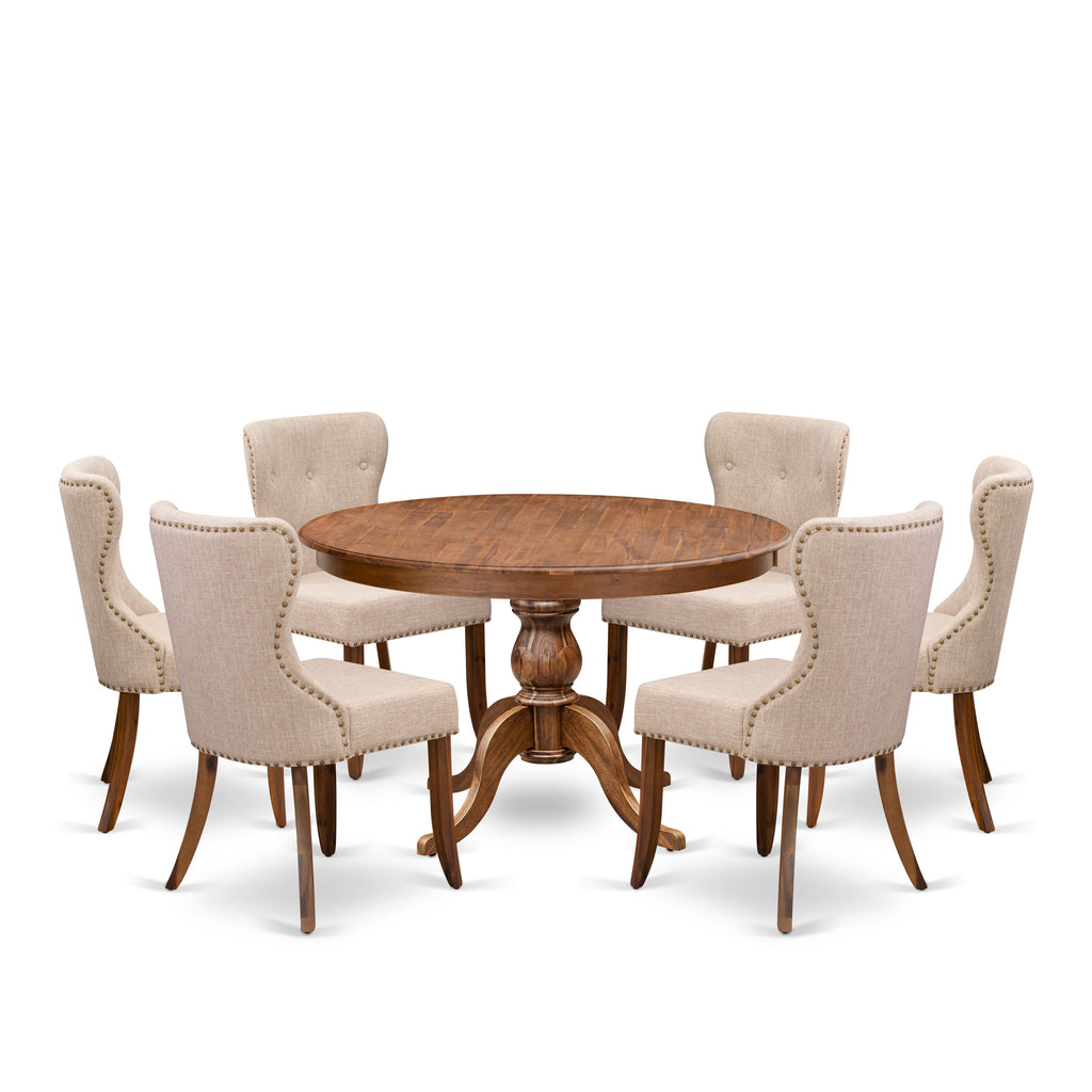 Luxe by East West Furniture F6SI7-40N-04 7-Pc Dining Set consists of a Pedestal Dinner Table and 6 Light Tan Linen Fabric Parson Chairs with Button Tufted- Antique Walnut