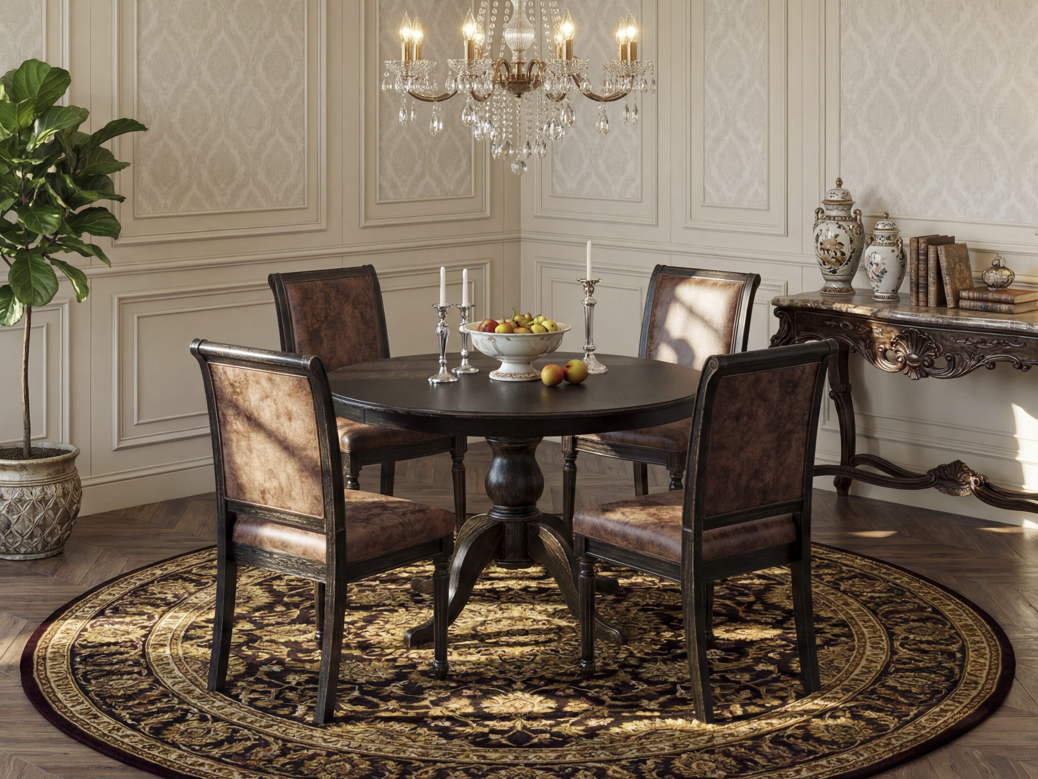 Luxe by East West Furniture - F6TY5-411-33 - 5-piece Dining Room Set consists of a Dining Table and 4 Brown Polyester Fabric Mid Century Modern Chair with High Back - Sand Blasting Black Finish