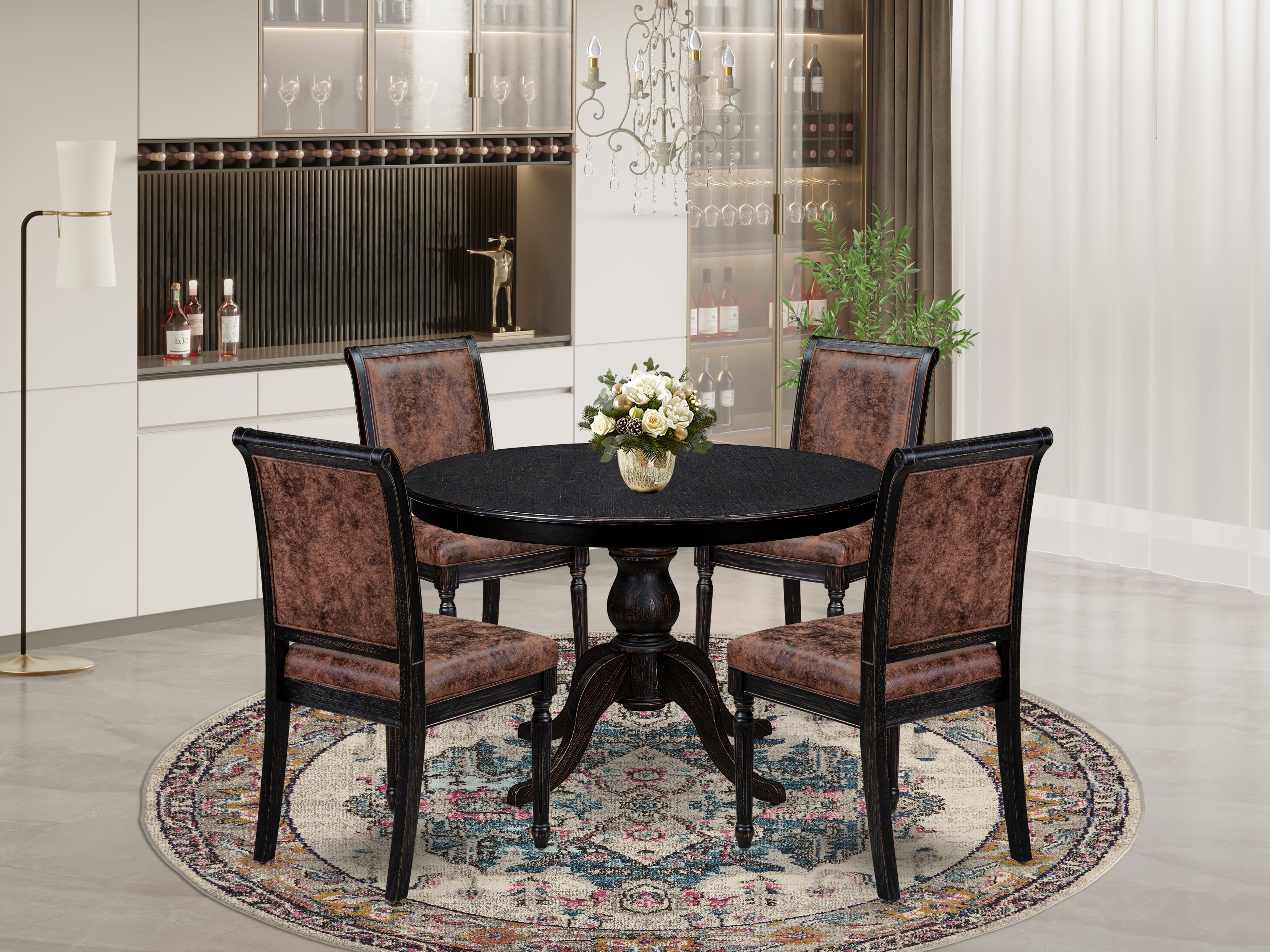 Luxe by East West Furniture - F6TY5-411-33 - 5-piece Dining Room Set consists of a Dining Table and 4 Brown Polyester Fabric Mid Century Modern Chair with High Back - Sand Blasting Black Finish