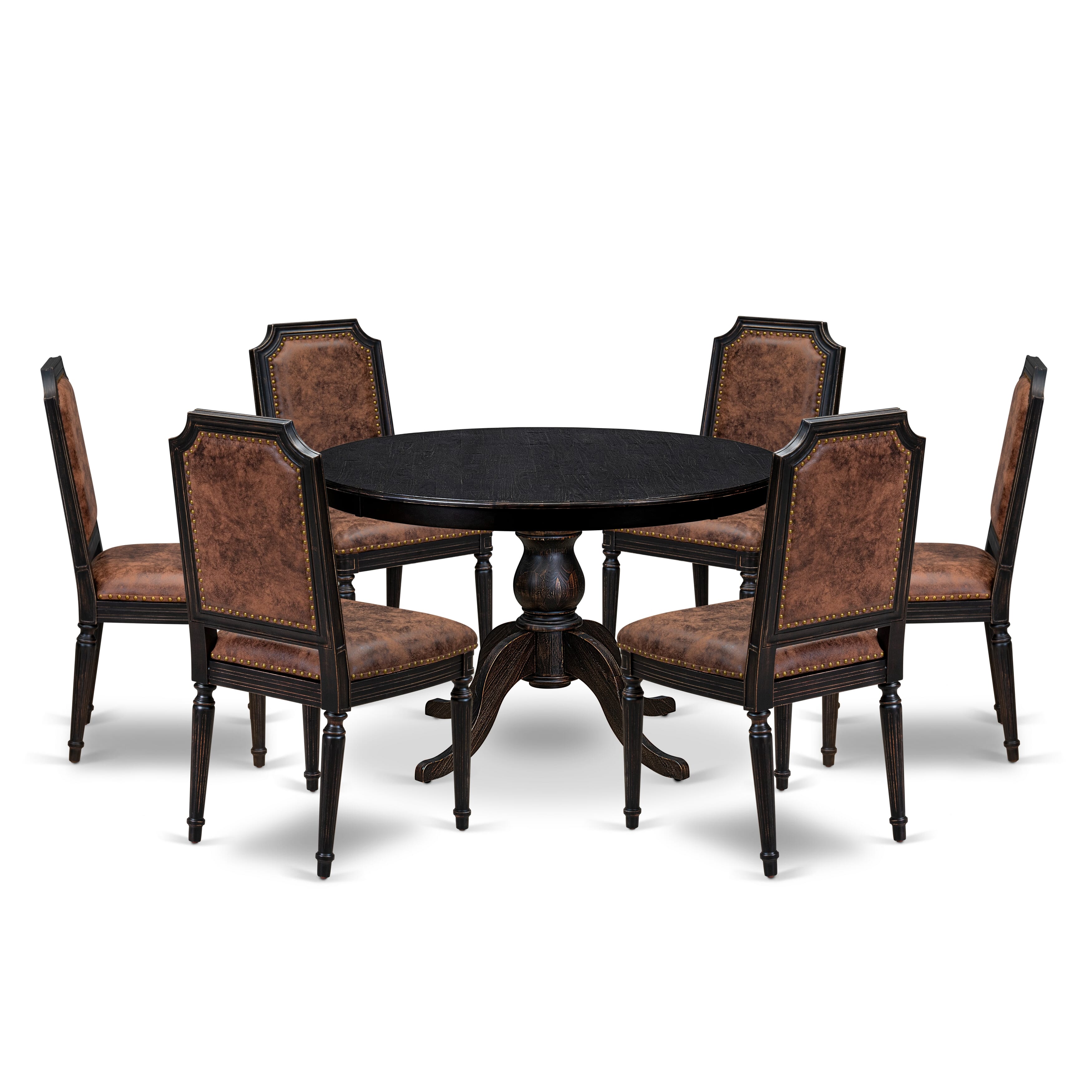 Luxe by East West Furniture - F6TY7-411-33 - 7-piece Dining Room Set consists of a Dining Table and 6 Brown Polyester Fabric Mid Century Modern Chair with High Back - Sand Blasting Black Finish