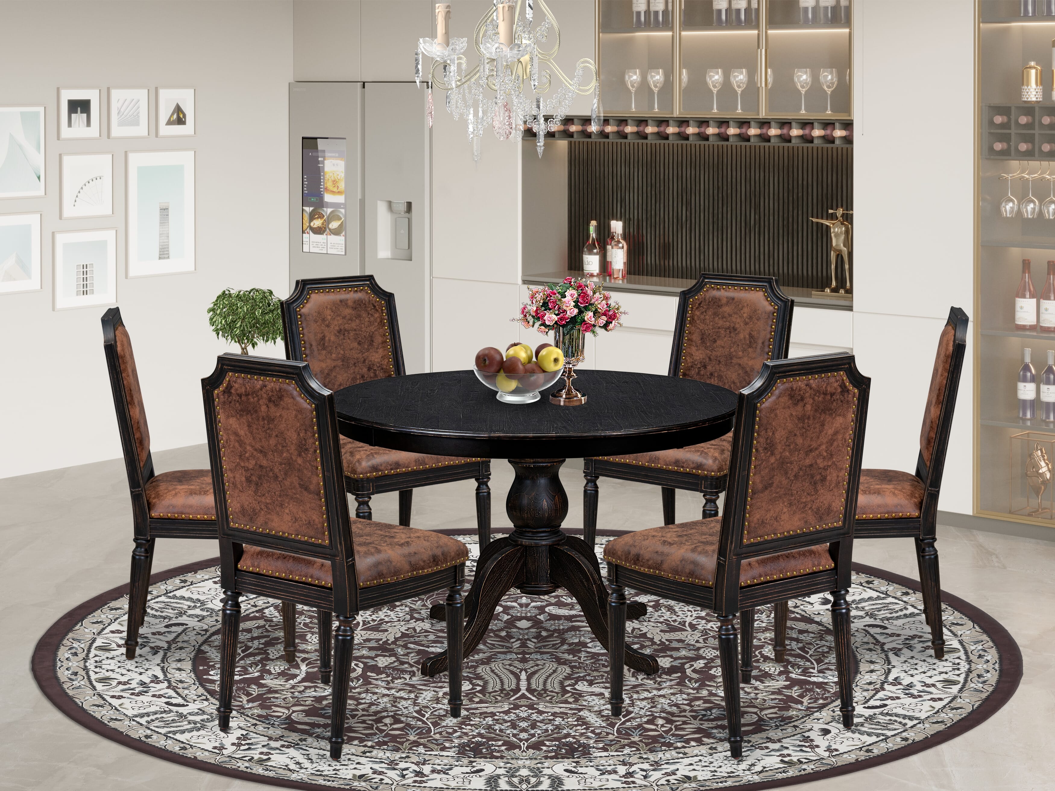 Luxe by East West Furniture - F6TY7-411-33 - 7-piece Dining Room Set consists of a Dining Table and 6 Brown Polyester Fabric Mid Century Modern Chair with High Back - Sand Blasting Black Finish