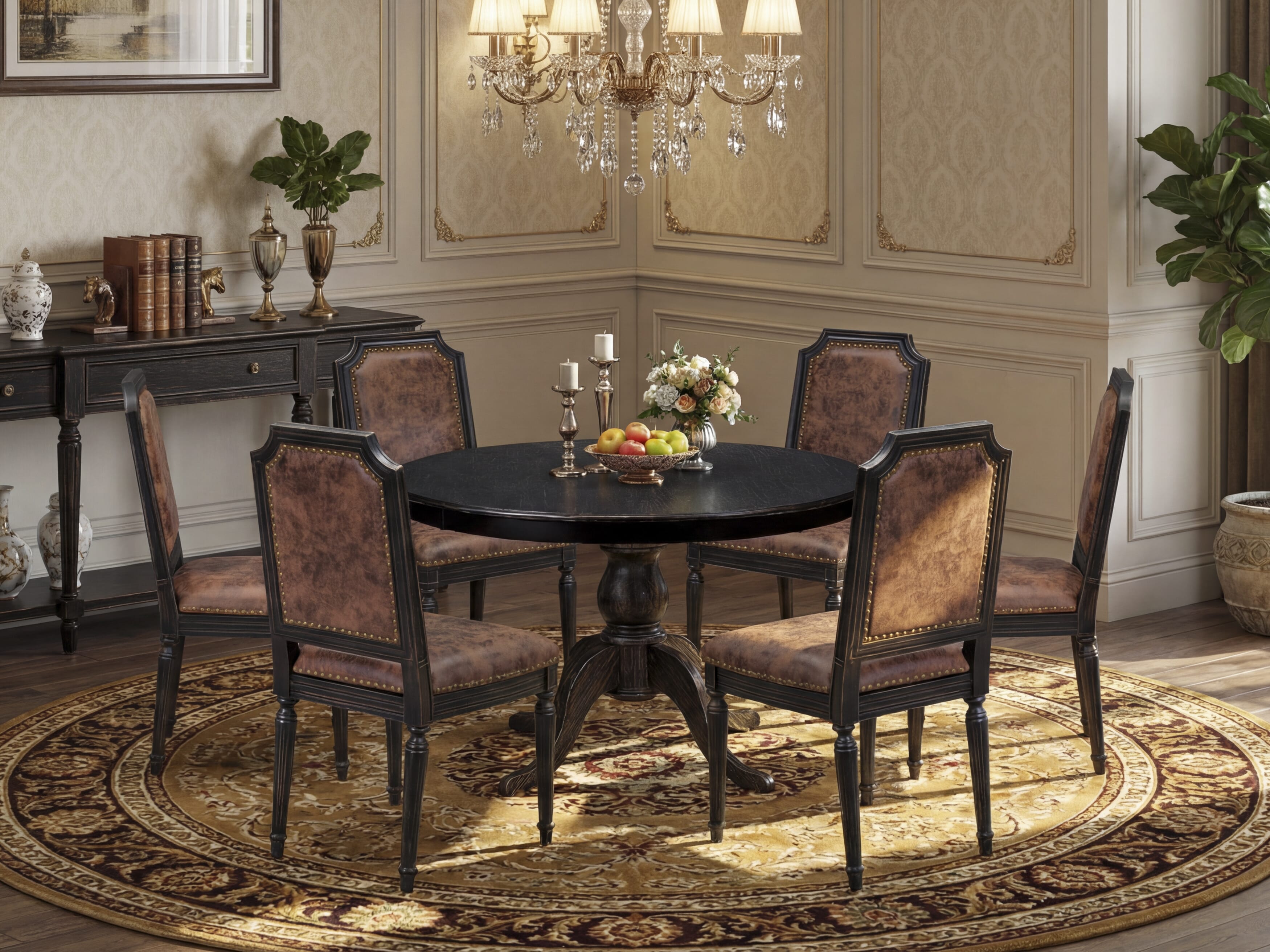 Luxe by East West Furniture - F6TY7-411-33 - 7-piece Dining Room Set consists of a Dining Table and 6 Brown Polyester Fabric Mid Century Modern Chair with High Back - Sand Blasting Black Finish