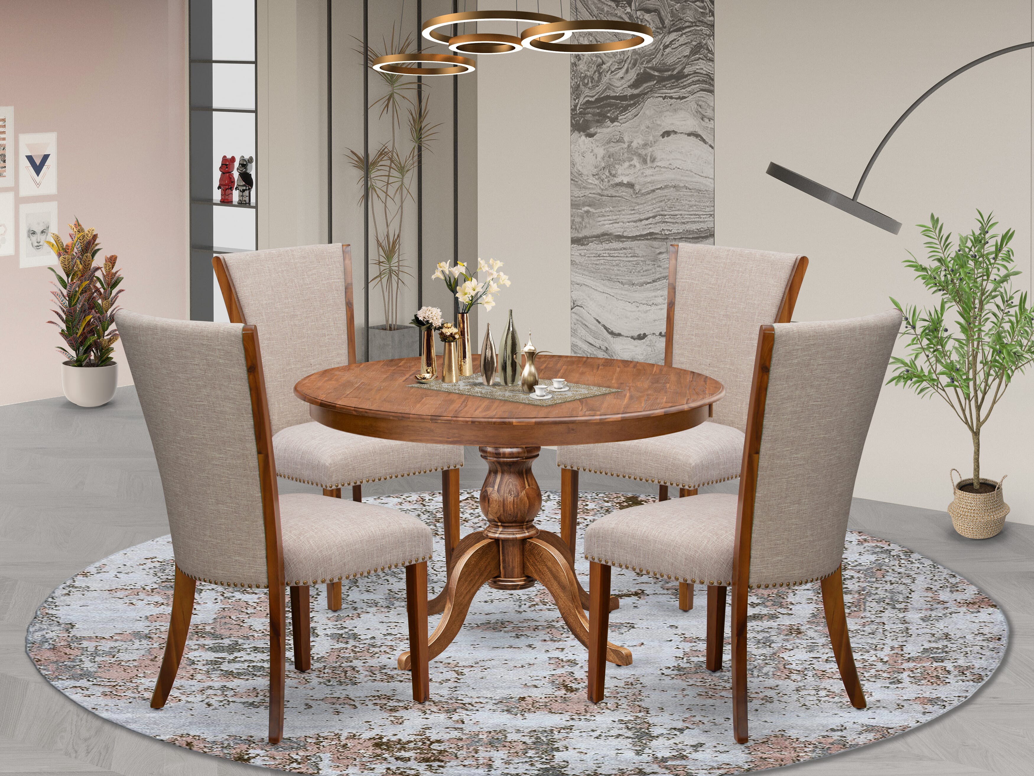 Luxe by East West Furniture F6VE5-40N-04 5 Piece Dinette Set Consists of a 48" Round Dining Table with Pedestal and 4 Light Tan Linen Fabric Parson Chairs, Antique Walnut