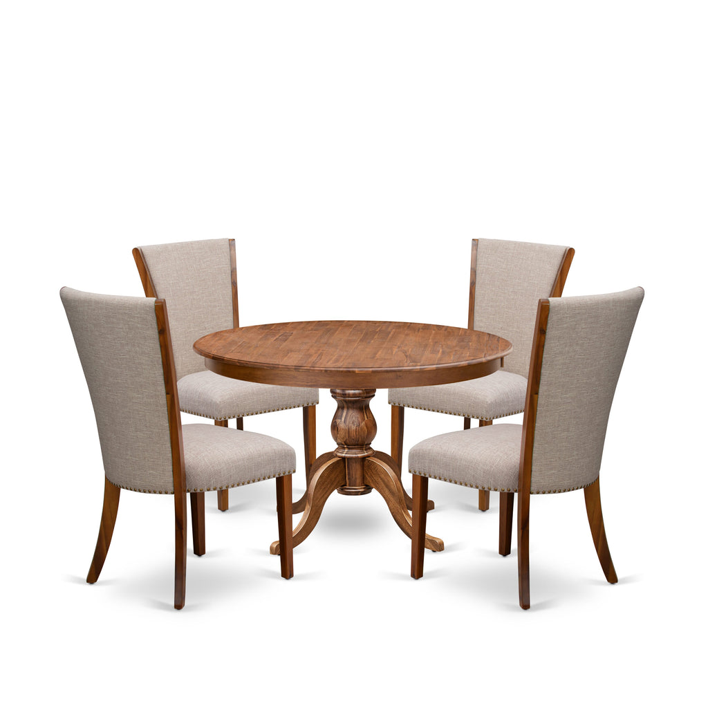 Luxe by East West Furniture F6VE5-40N-04 5 Piece Dinette Set Consists of a 48" Round Dining Table with Pedestal and 4 Light Tan Linen Fabric Parson Chairs, Antique Walnut