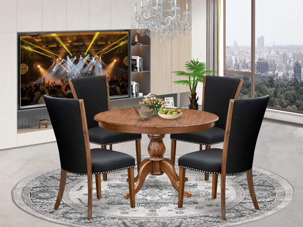 Luxe by East West Furniture F6VE5-40N-24 5 Piece Dinette Set for 4 Consists of a 48" Round Table with Pedestal and 4 Black Linen Fabric Padded Chairs, Antique Walnut