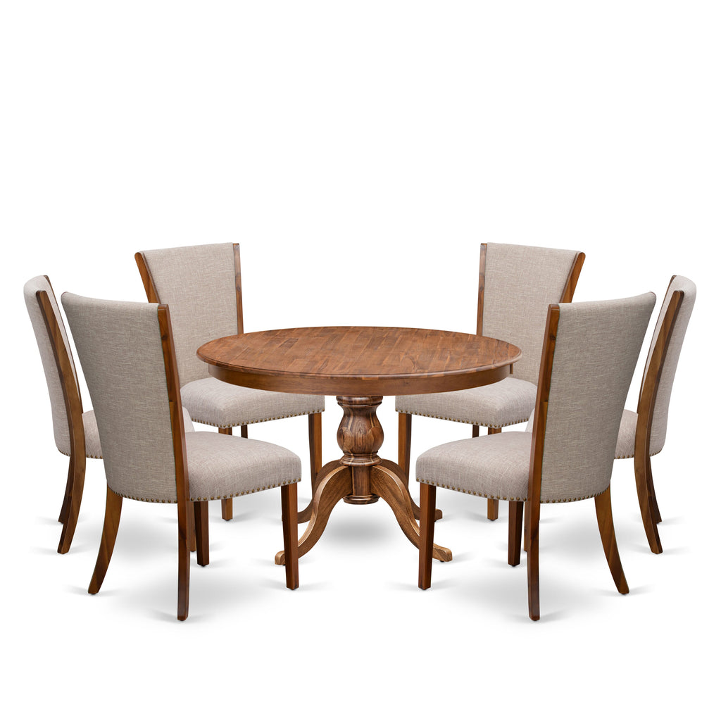 Luxe by East West Furniture F6VE7-40N-04 7 Piece Dining Set for 6 Contains a 48" Round Table with Pedestal and 6 Light Tan Linen Fabric Parson Chairs, Antique Walnut