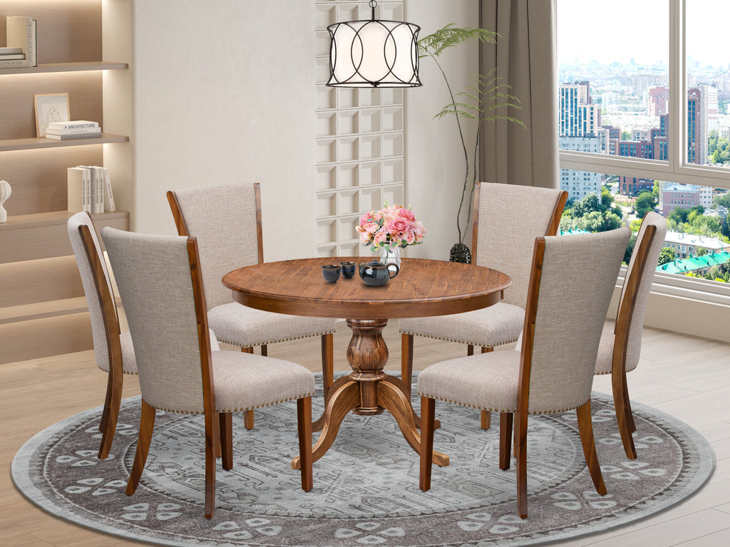 Luxe by East West Furniture F6VE7-40N-04 7 Piece Dining Set for 6 Contains a 48" Round Table with Pedestal and 6 Light Tan Linen Fabric Parson Chairs, Antique Walnut