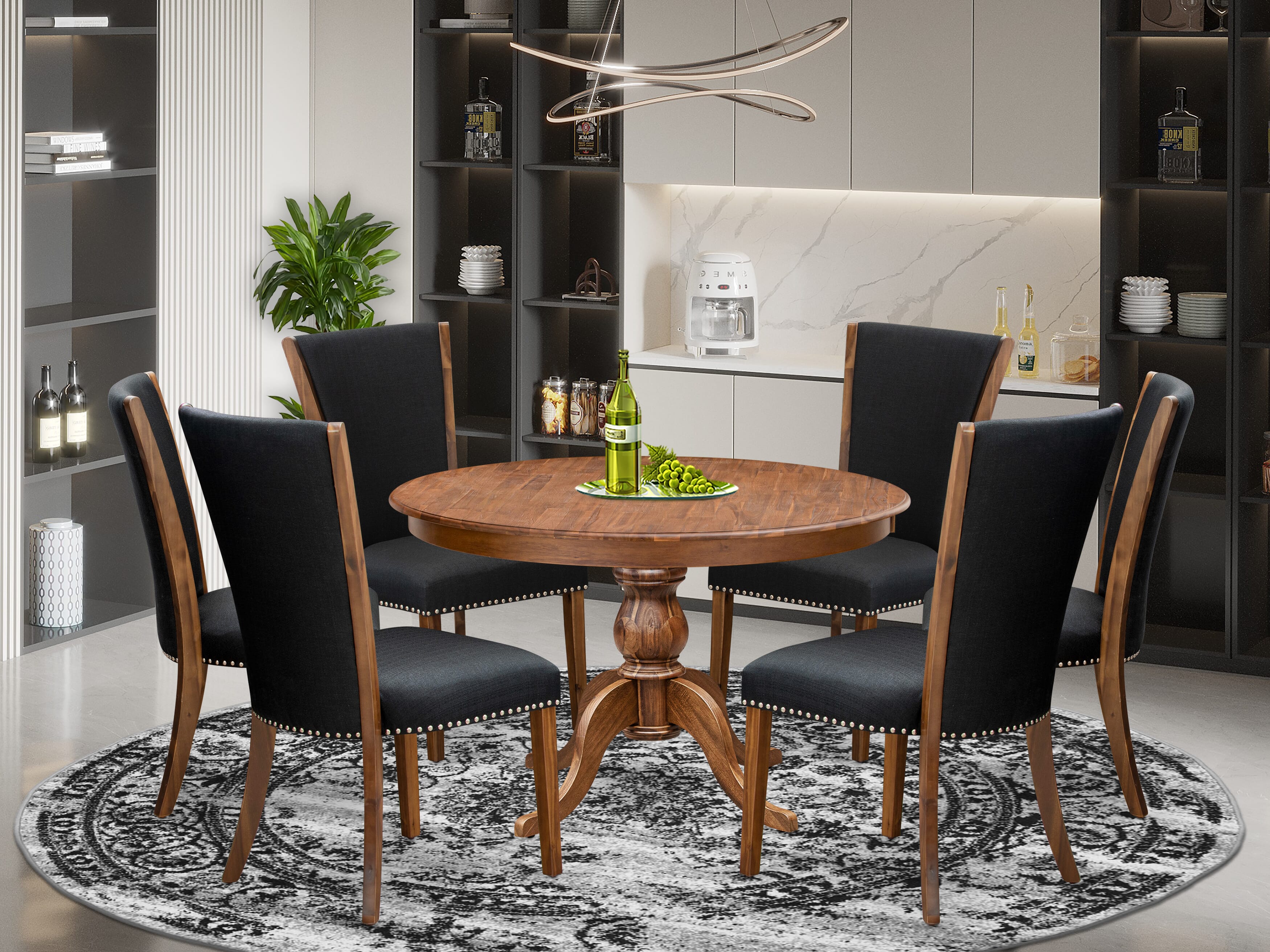 Luxe by East West Furniture F6VE7-40N-24 7 Piece Dining Table Set for 6 Contains a 48" Round Table with Pedestal and 6 Black Linen Fabric Parson Chairs, Antique Walnut