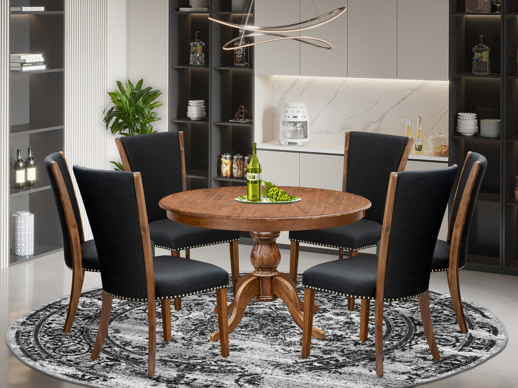 Luxe by East West Furniture F6VE7-40N-24 7 Piece Dining Table Set for 6 Contains a 48" Round Table with Pedestal and 6 Black Linen Fabric Parson Chairs, Antique Walnut