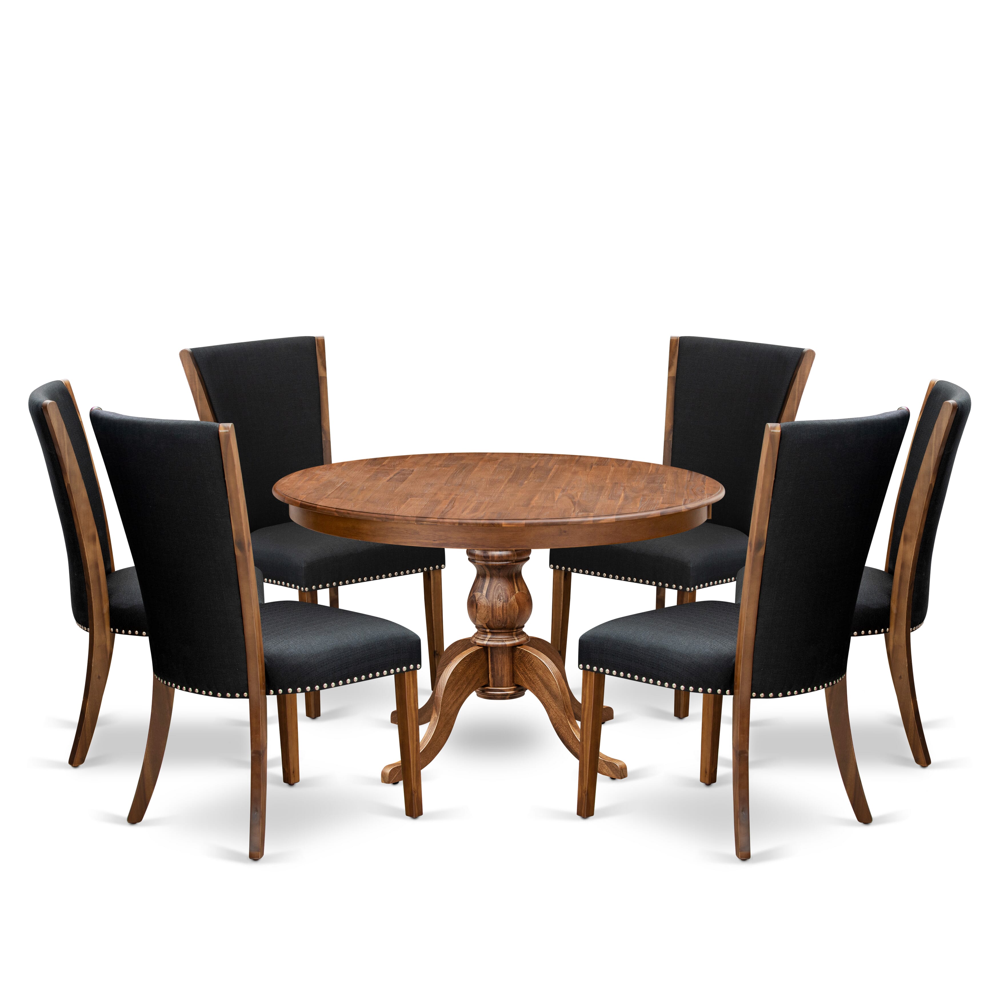 Luxe by East West Furniture F6VE7-40N-24 7 Piece Dining Table Set for 6 Contains a 48" Round Table with Pedestal and 6 Black Linen Fabric Parson Chairs, Antique Walnut